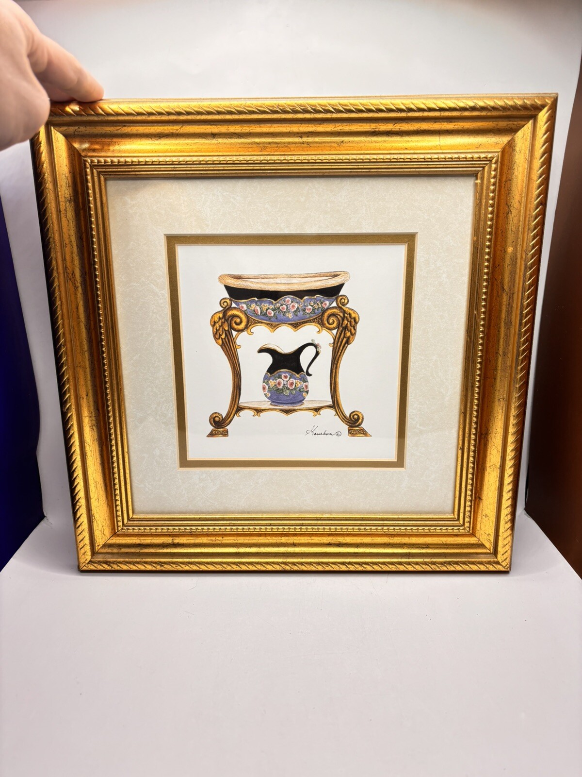 Gamboa Art Washstand Basin & Pitcher Matted Framed 12 X 12 in Art Print
