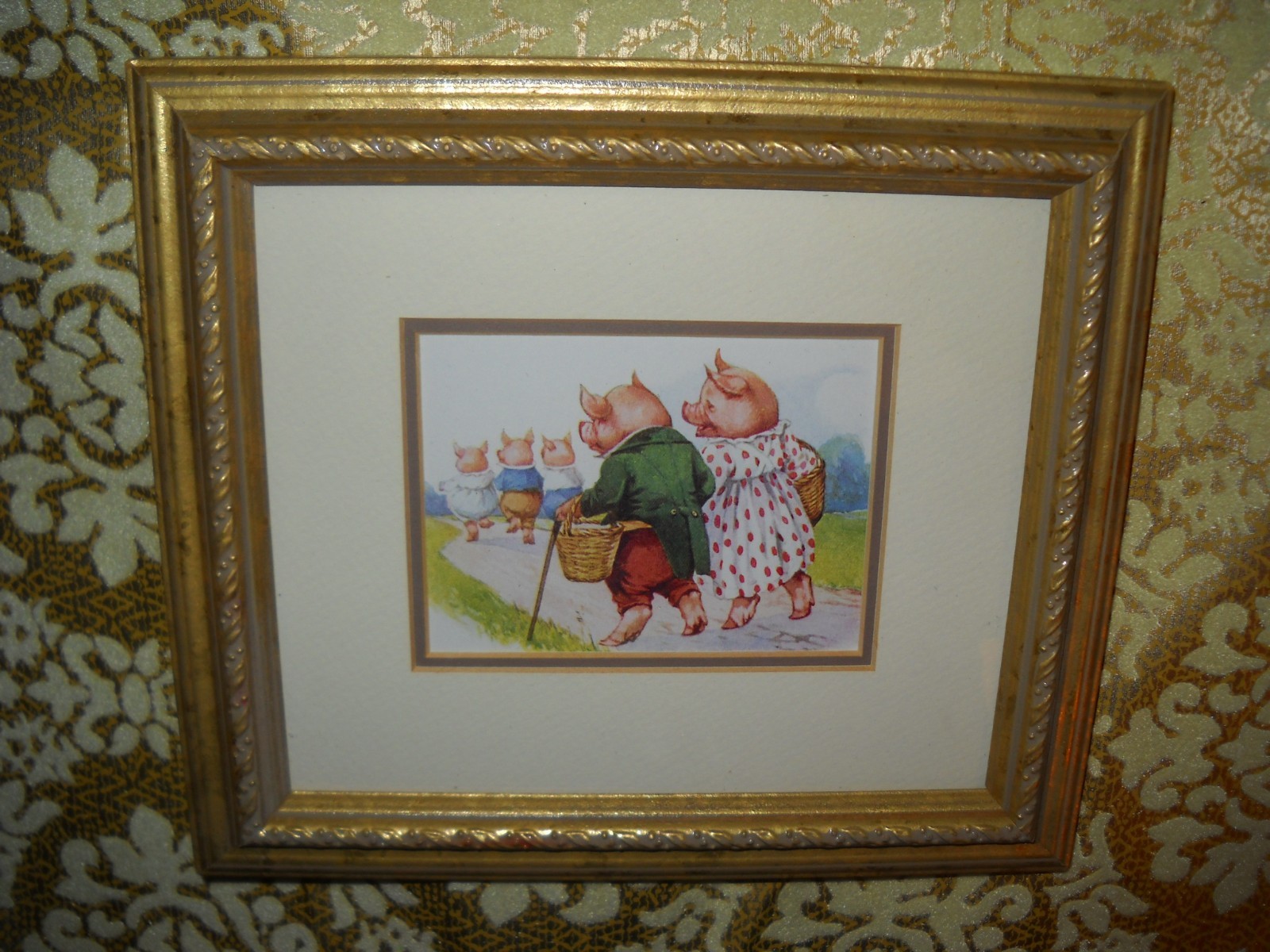 DRESSED PIG FAMILY ON A WALK 3 X 4 gold WOOD framed Vintage style animal picture
