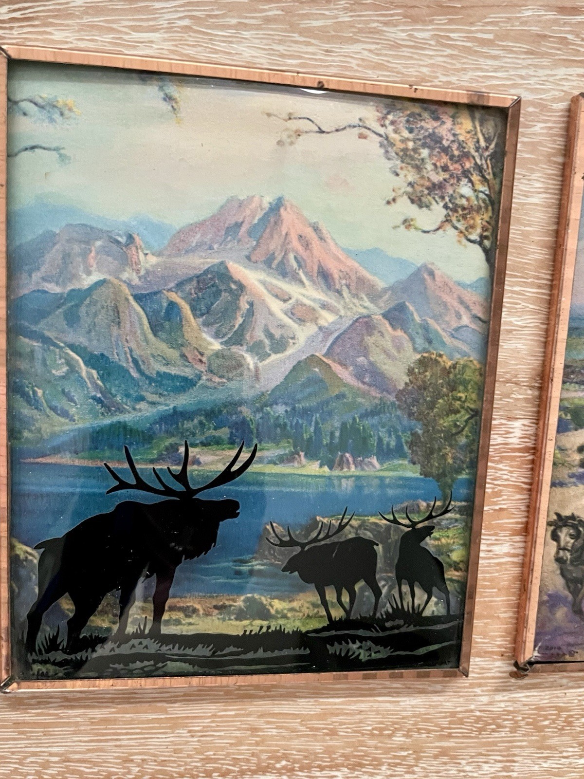 Elk Scene Reverse Painting Silhouette & F G Sayre “The Covered Wagon” Framed Art