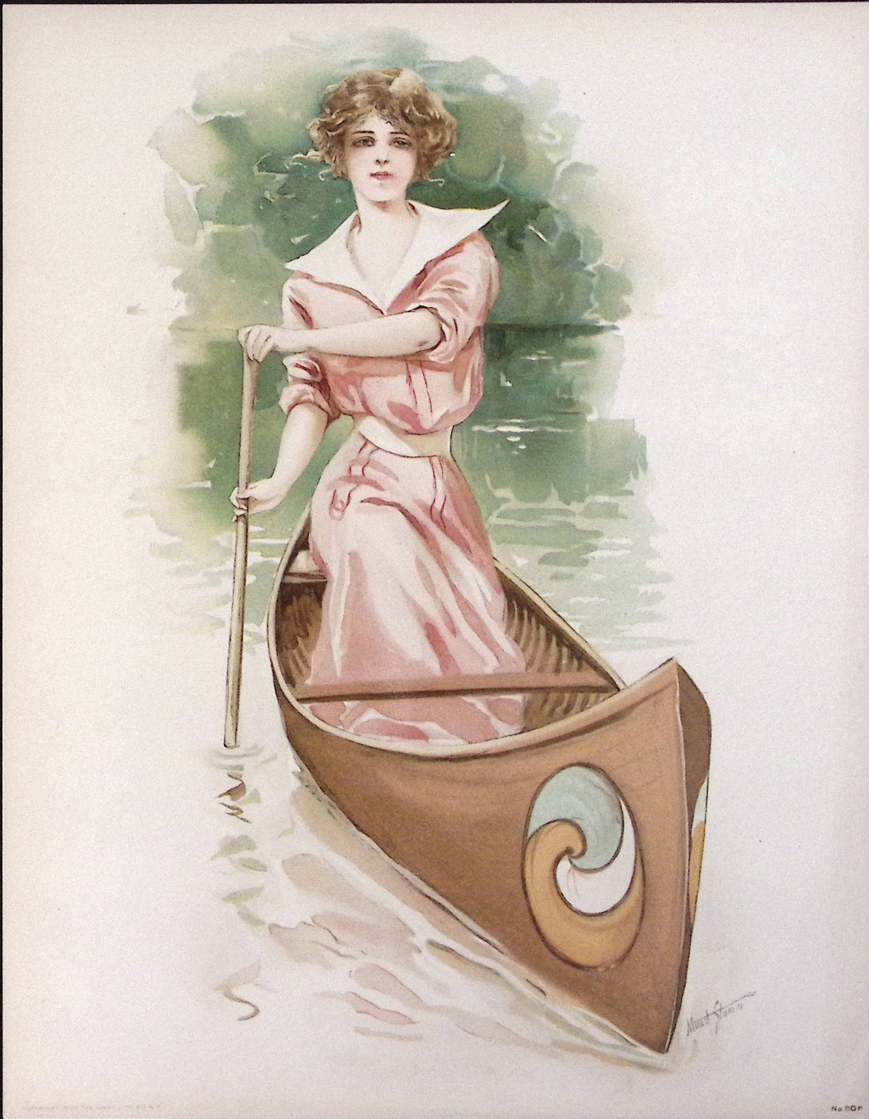 1908 Canoe Sport Girl Chromolitho Print 10×12.75″ Maud Stumm