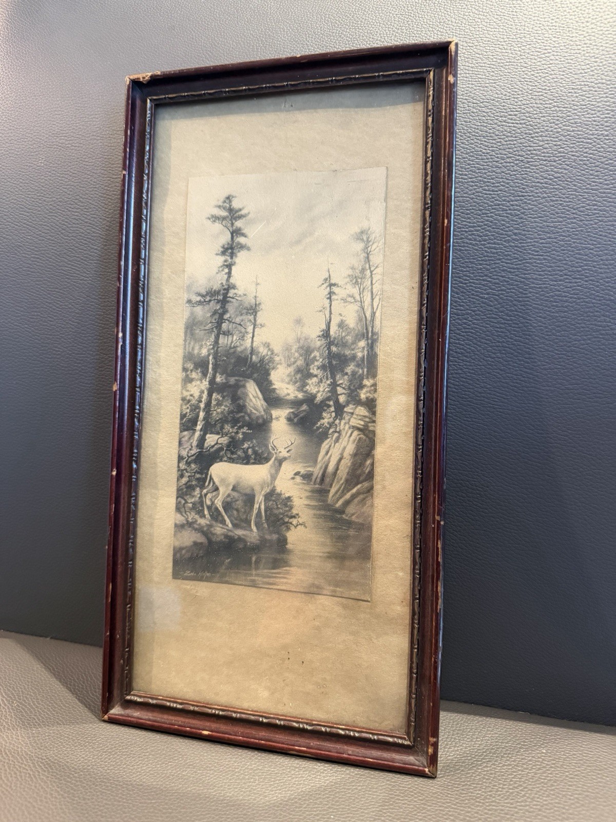 Vintage Zula Kenyon Framed Deer Woodland Print White Stag Landscape Cabin Art