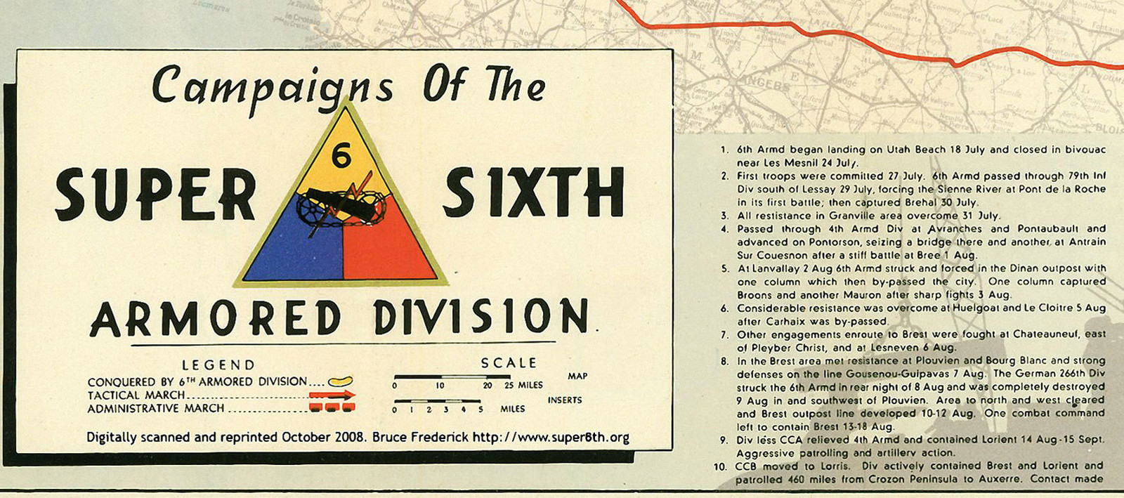 6th Armored Division Campaign Map 1945 WWII MILITARY Sixer Super Sixth War