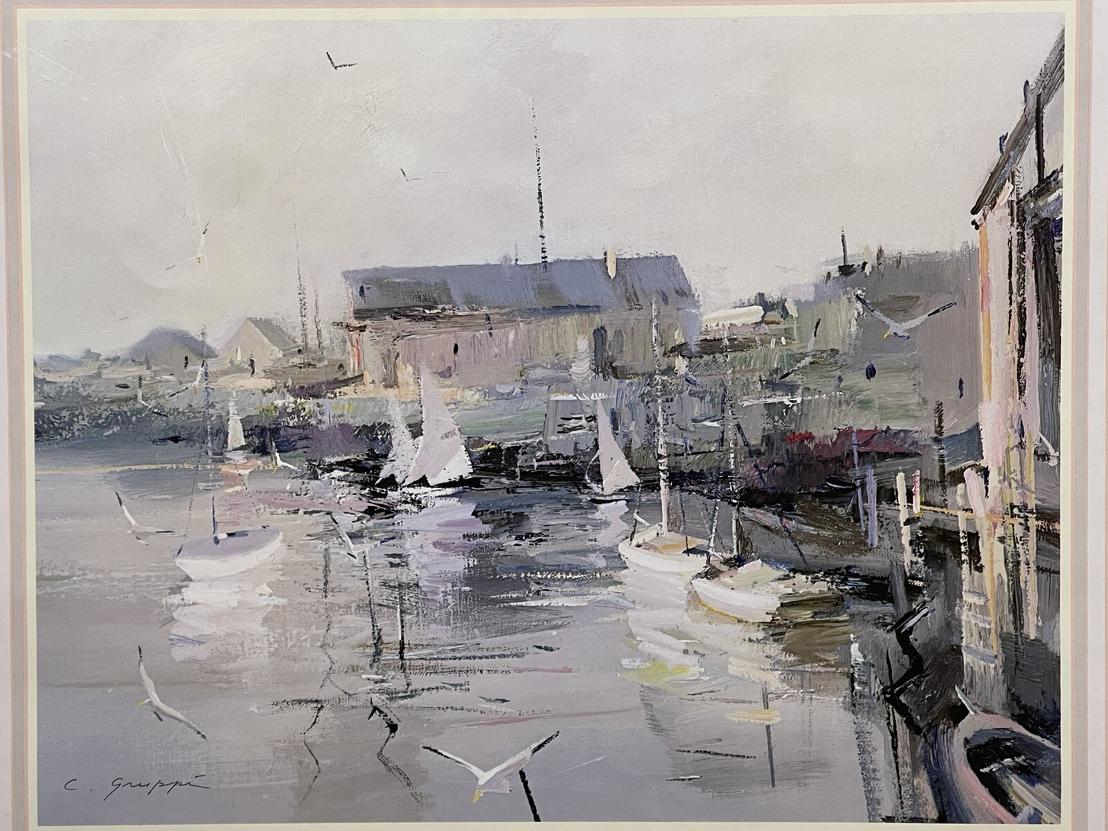 Vintage Sailing Boats Ships Framed Print Warf Dock Harbor Small Town Nautical