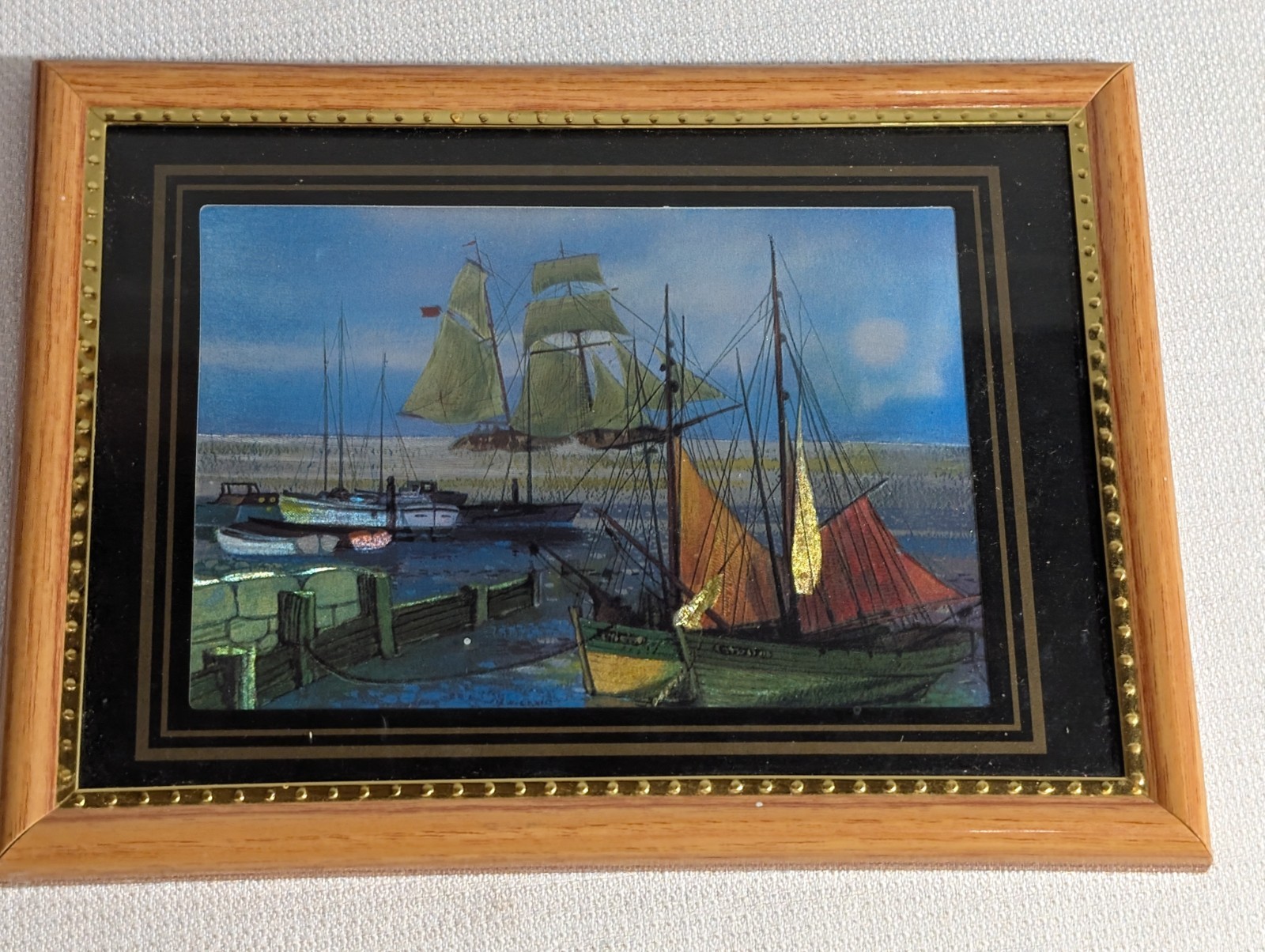Nautical Framed Foil Art Of Boats And Harbor Scenes Gold And Wood Frame 8×6