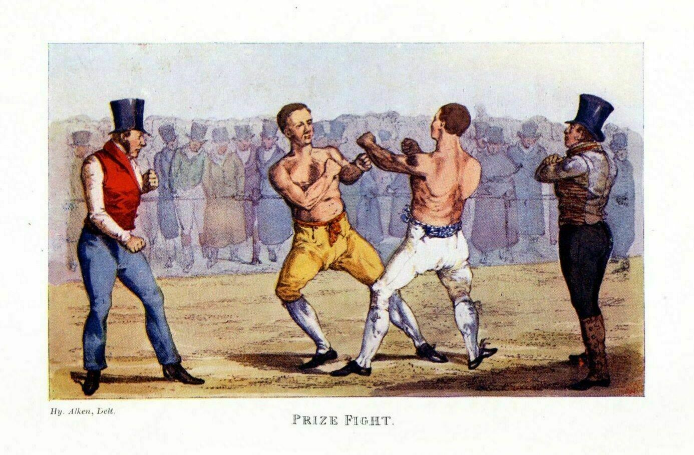 BOXING PRIZE FIGHT EARLY BARE KNUCKLE BOXING SPORT VINTAGE COLOR PRINT BOXING