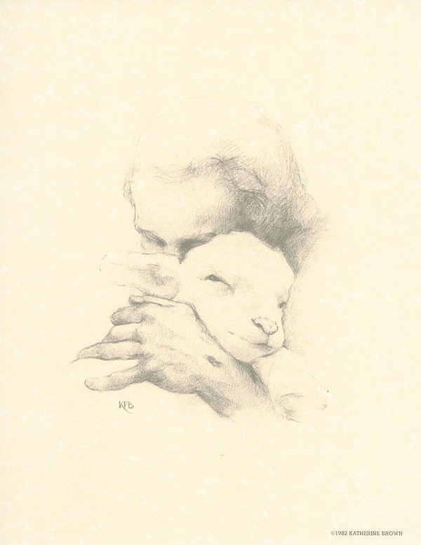 Katherine Brown JESUS AND THE LAMB 14×11 pencil sketch unframed paper art print