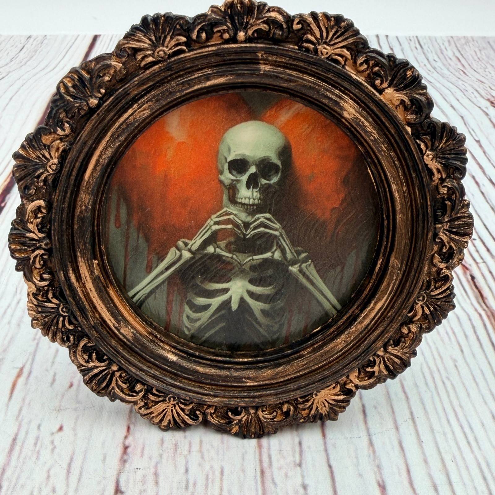 Skeleton Heart Original Art Print in Ornate Baroque Bronze Round Frame 4×4