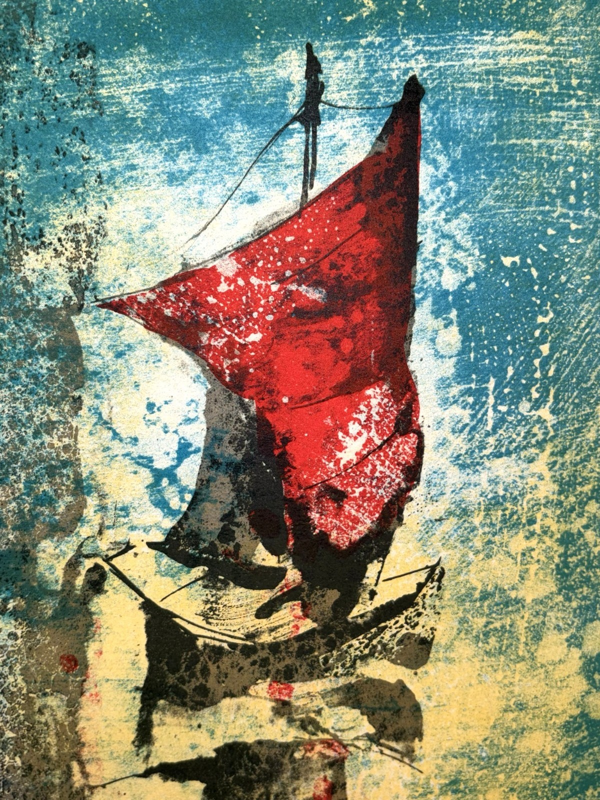 VIETNAM ARTIST HOI LEBADANG ABSTRACT RED SAILBOATS SIGNED & NUMBERED LITHOGRAPH