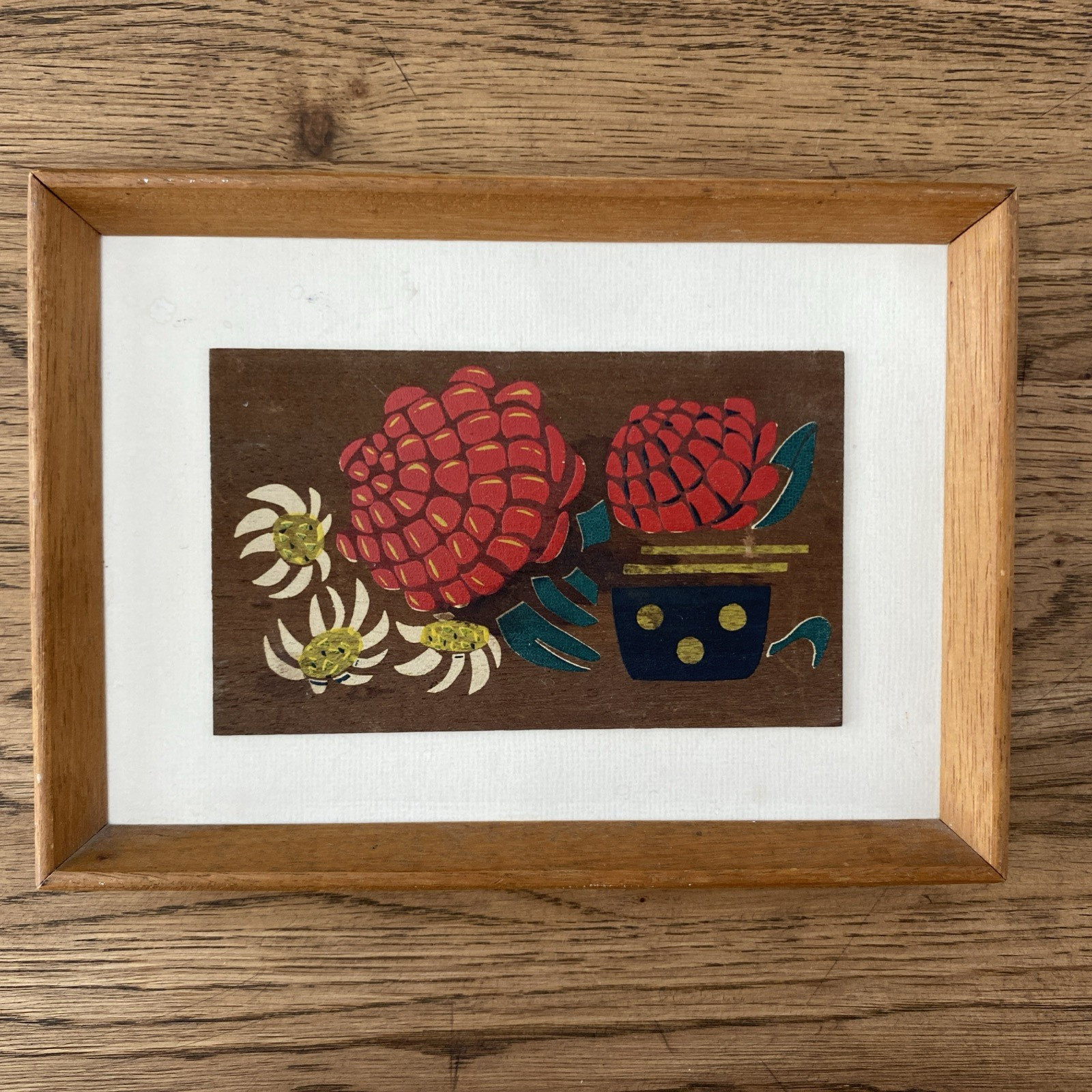 Australian Aboriginal Hand Silk screen Print Art Vintage wooden frame 18 x 13cm