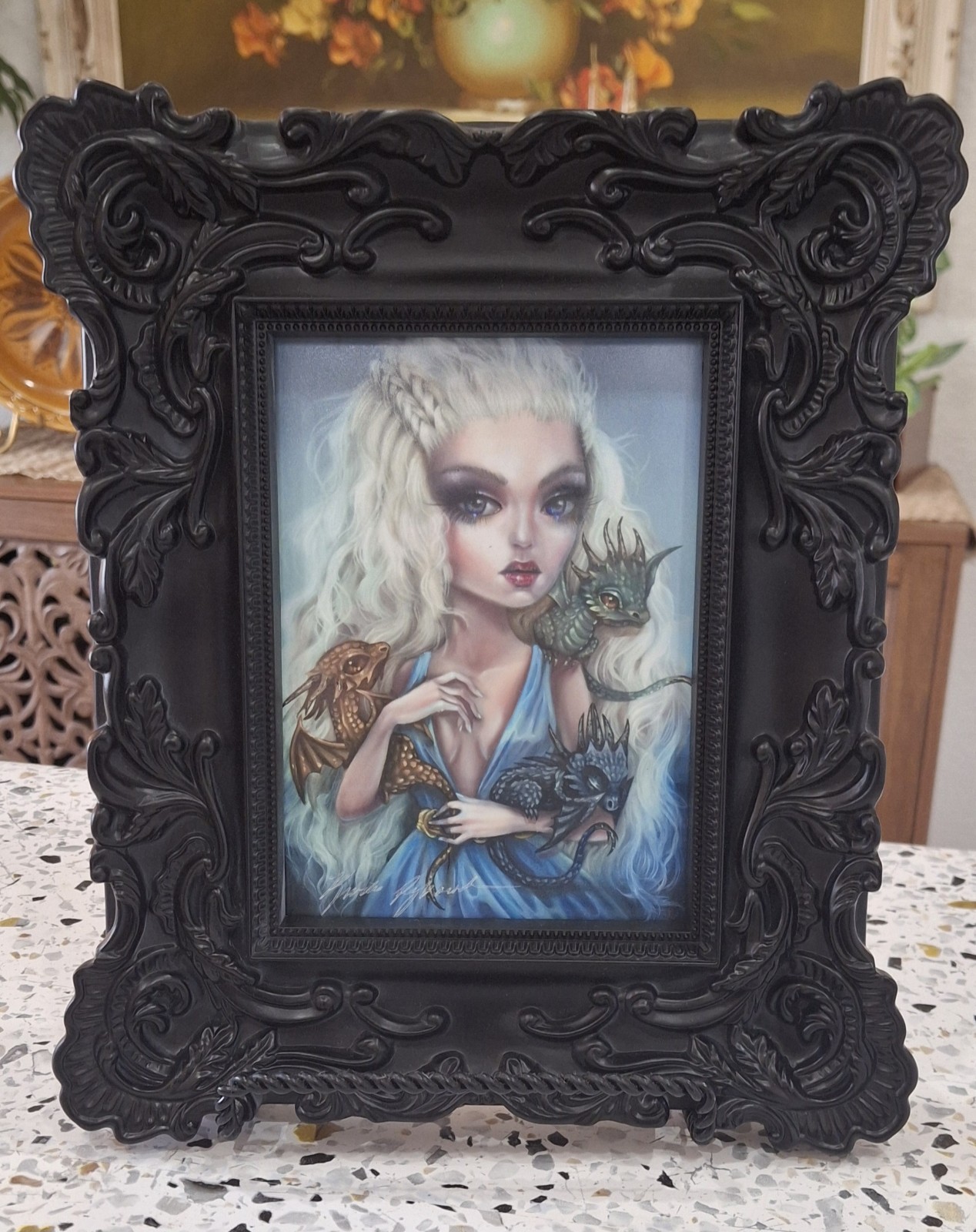 Kurtis Rykovich 5″ x 7″ Hand Signed print Mother Of Dragons Black Baroque Frame