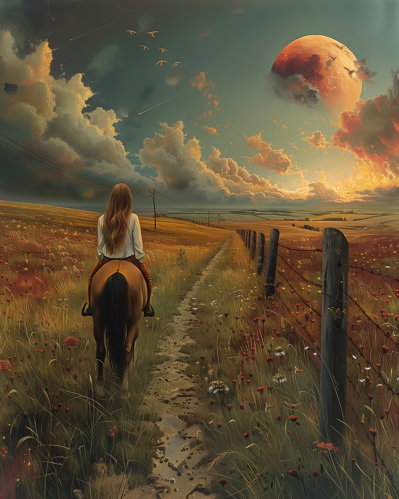 8×10 Art Print Field Horse Riding Woman – 31396565
