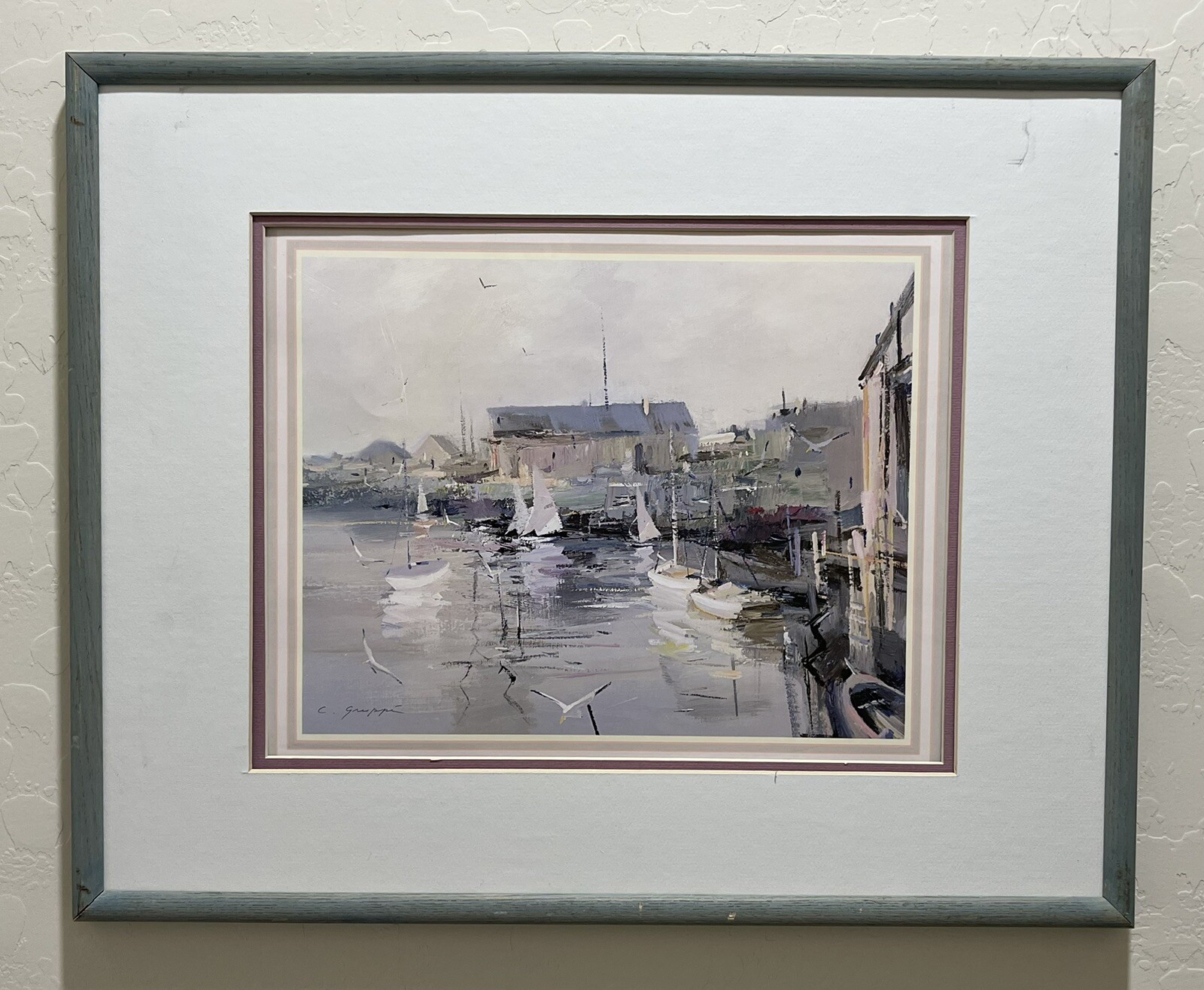 Vintage Sailing Boats Ships Framed Print Warf Dock Harbor Small Town Nautical