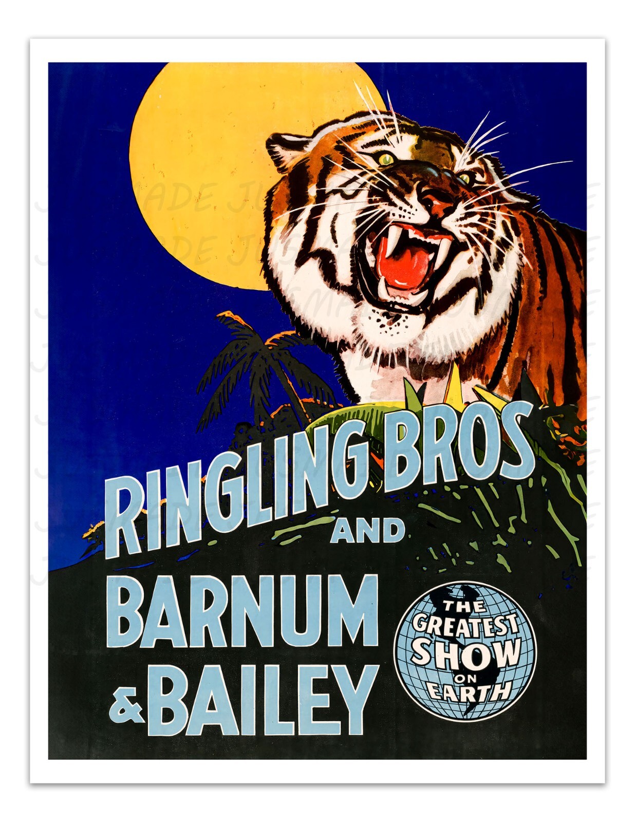 RINGLING BROS, BARNUM & BAILEY (Growling Tiger) Vintage Circus 1942 Poster Print
