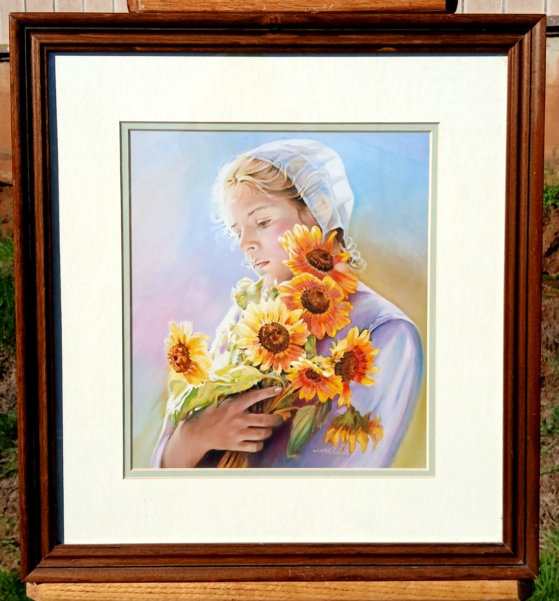 NANCY NOEL: Amish Girl Holding Sunflowers, Rich in Color, Well Framed-Matted