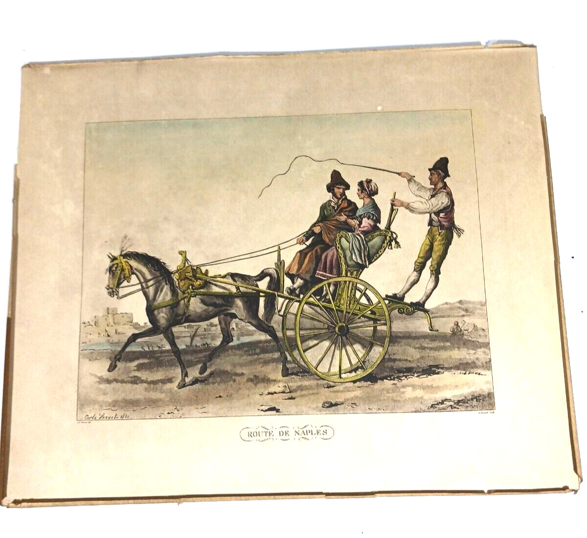Antique Aquatint Engraving Print Carle Vernet Debucourt Horse Carriage Naples