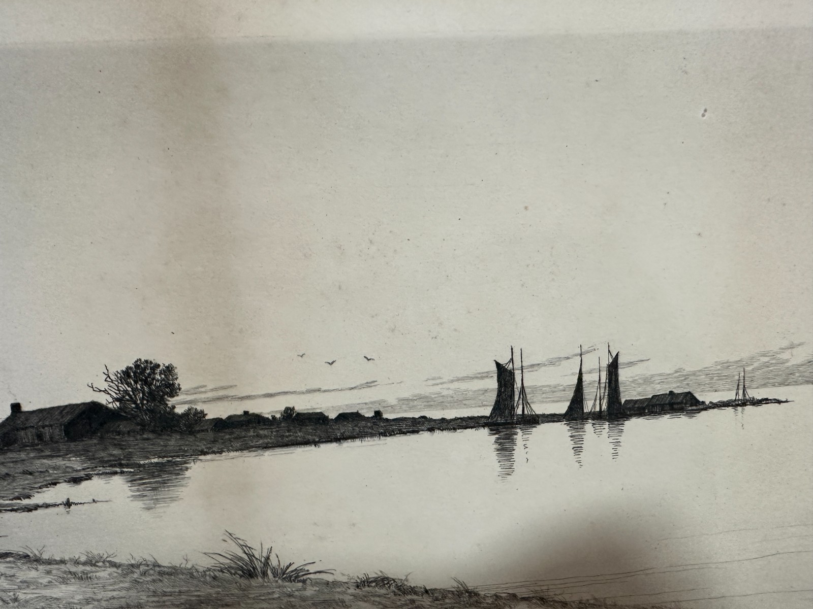 Antique Etching Edward Loyal Field – Remarque – Coastal Scene – Ships Sailboats