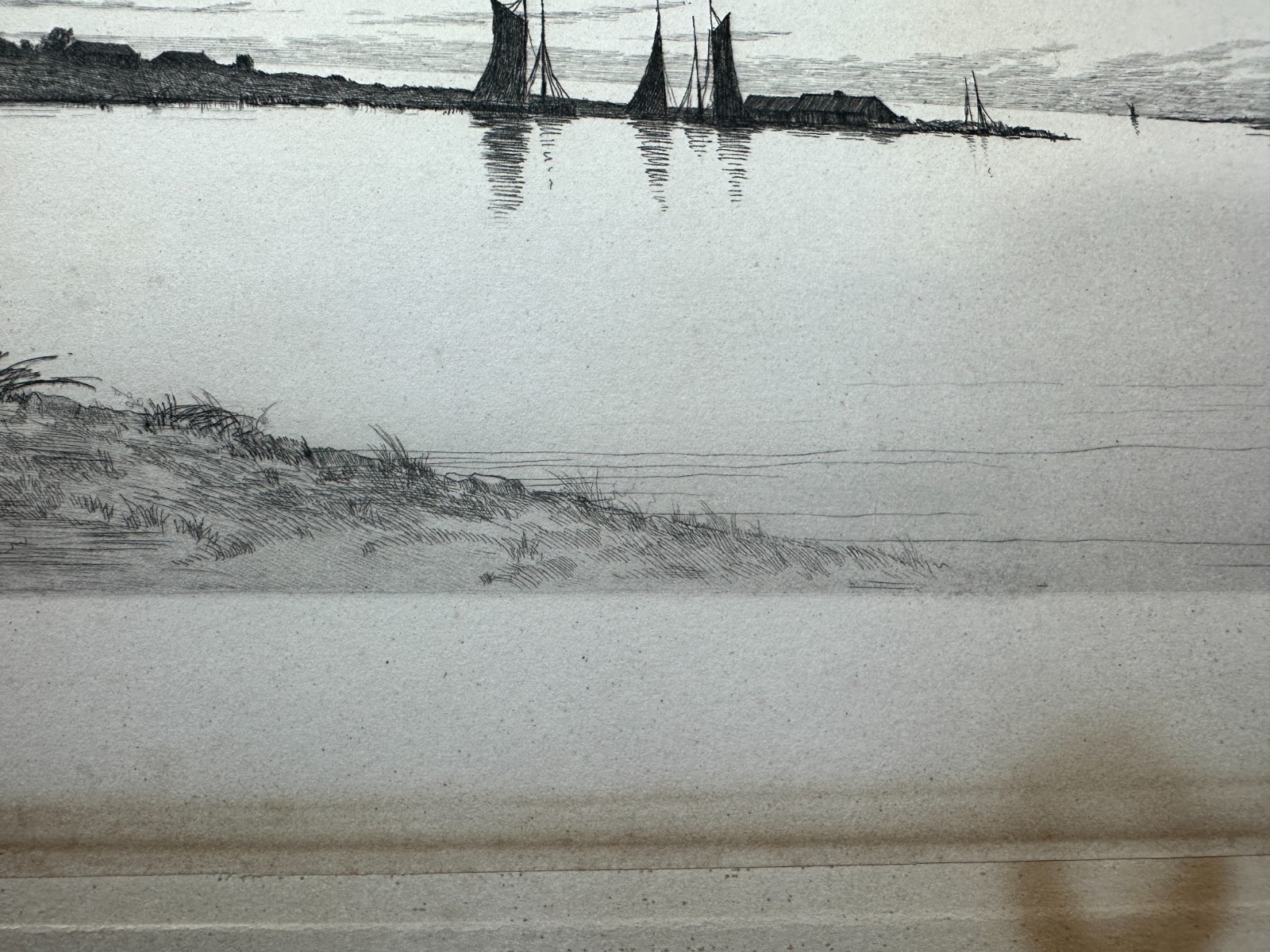 Antique Etching Edward Loyal Field – Remarque – Coastal Scene – Ships Sailboats