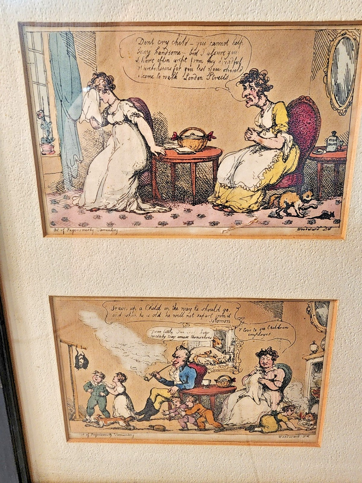 1808 Antique Color Caricature Framed Set 5 Rowlandson Woodward London Satire Art
