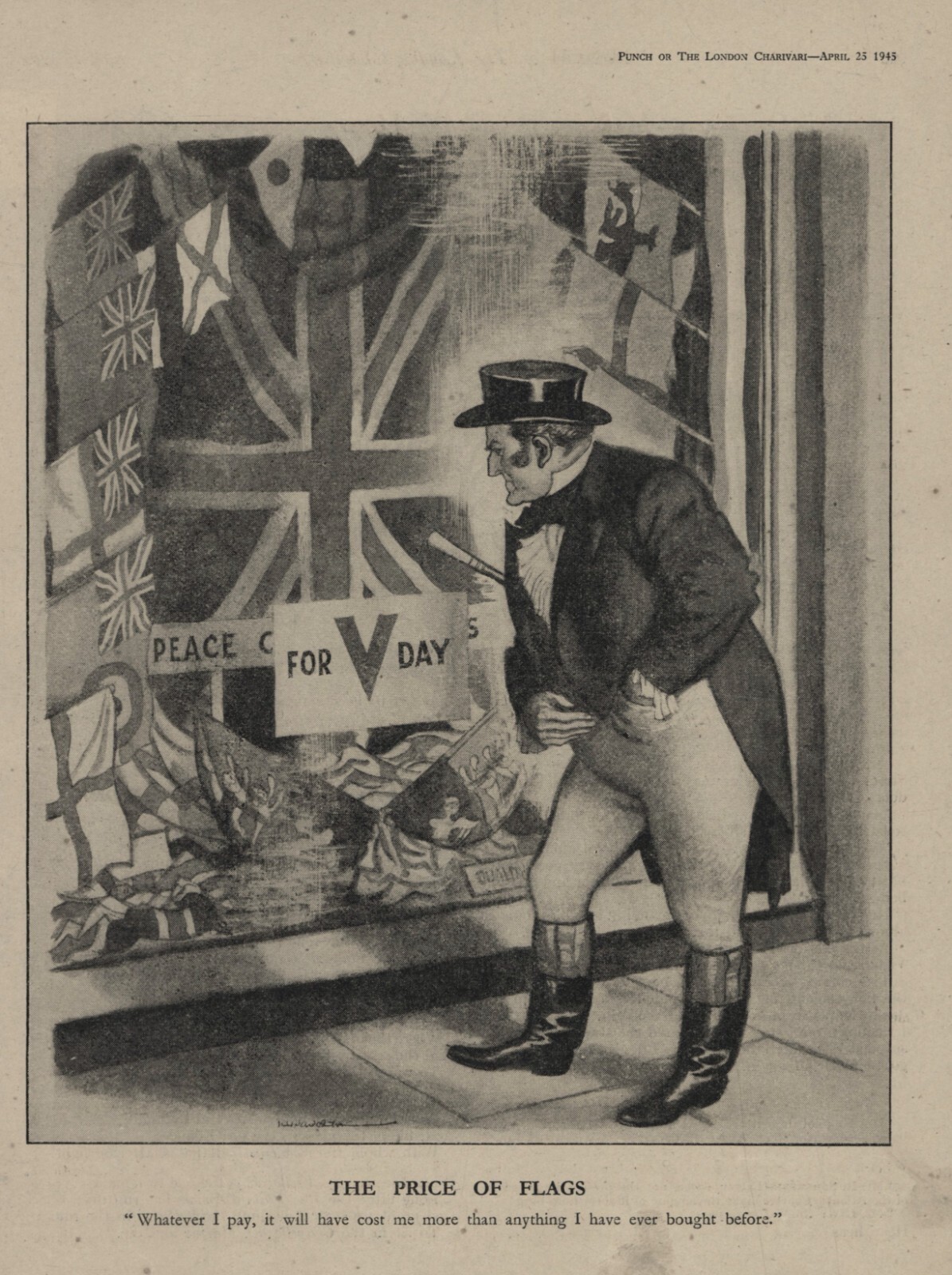 Rare British Cartoon – VE DAY – John Bull ~ PRICE OF FLAGS MORE THAN ANYTHING