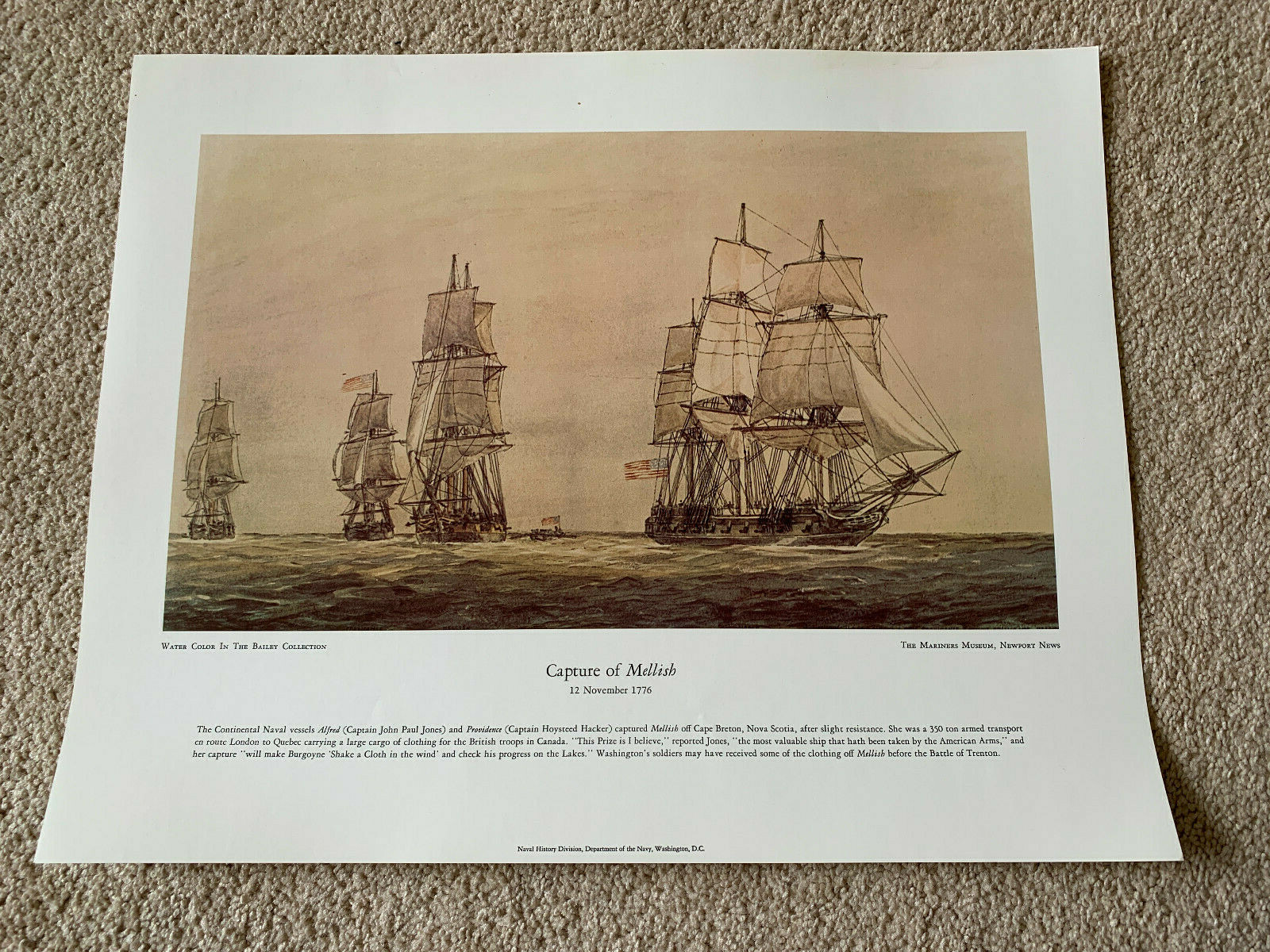 U.S. Naval History Lithograph, CAPTURE OF MELLISH Navy Ships Print, 20×16
