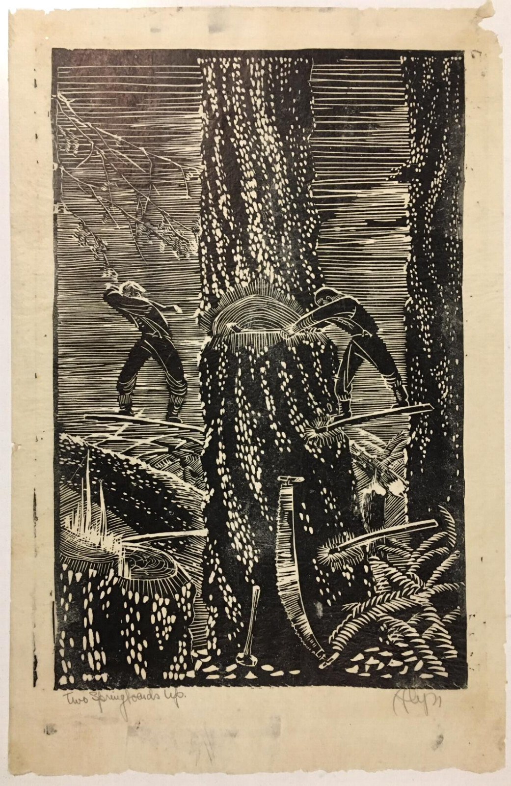 SOCIAL REALISM Signed ~ CALIFORNIA WPA WOODCUT ~ c.1930s Loggers MUSEUM QUALITY
