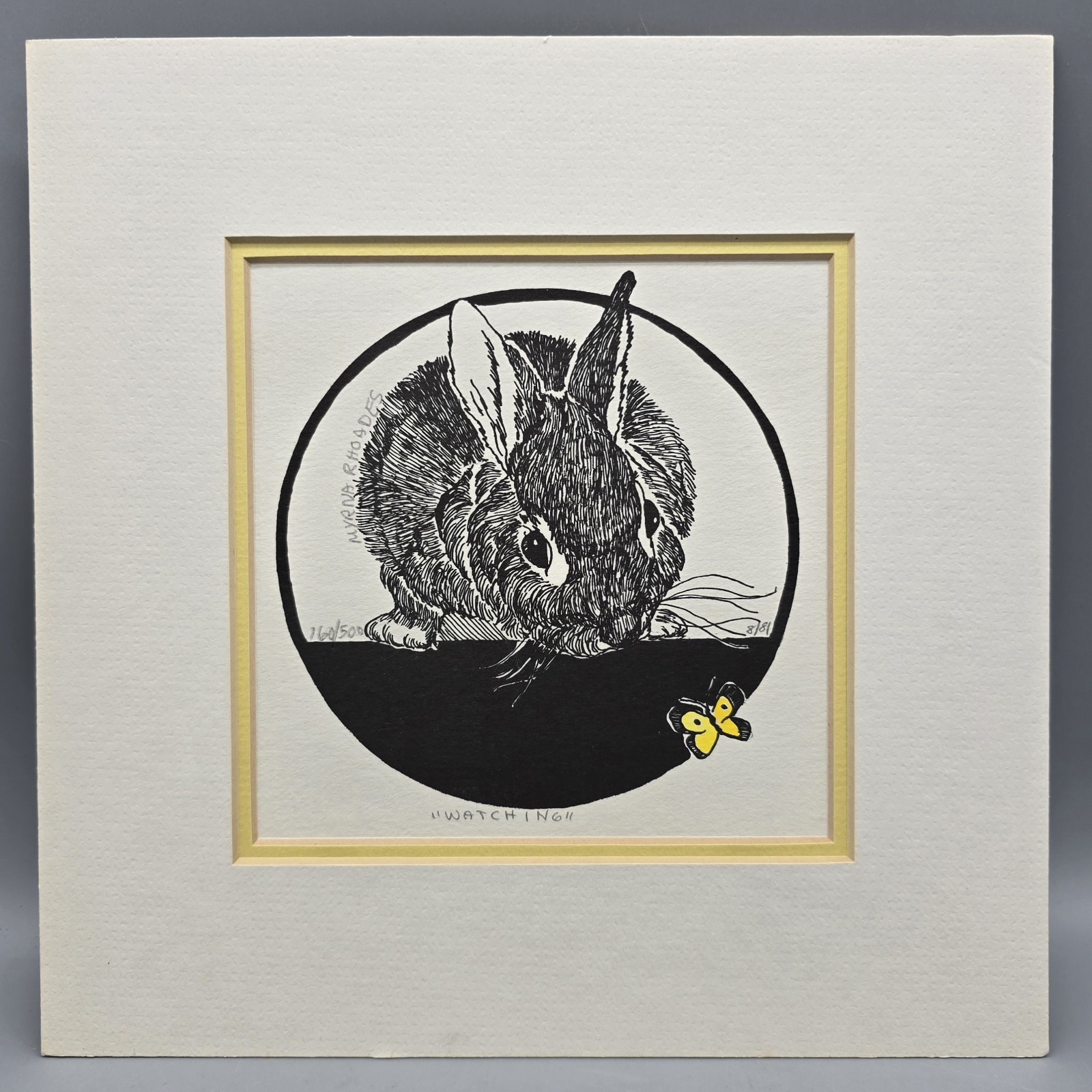 Signed Numbered Bunny Rabbit & Yellow Butterfly Myrna Rhoades Matted Pen & Ink