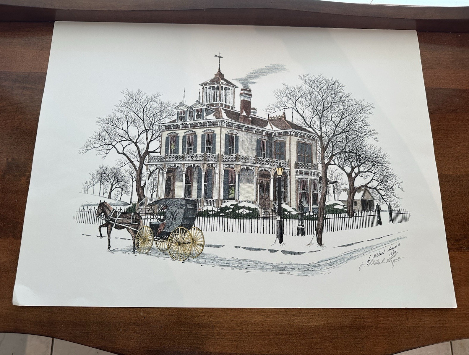 Winter House Architectural Scene Landscape Print on Paper, Unframed Single