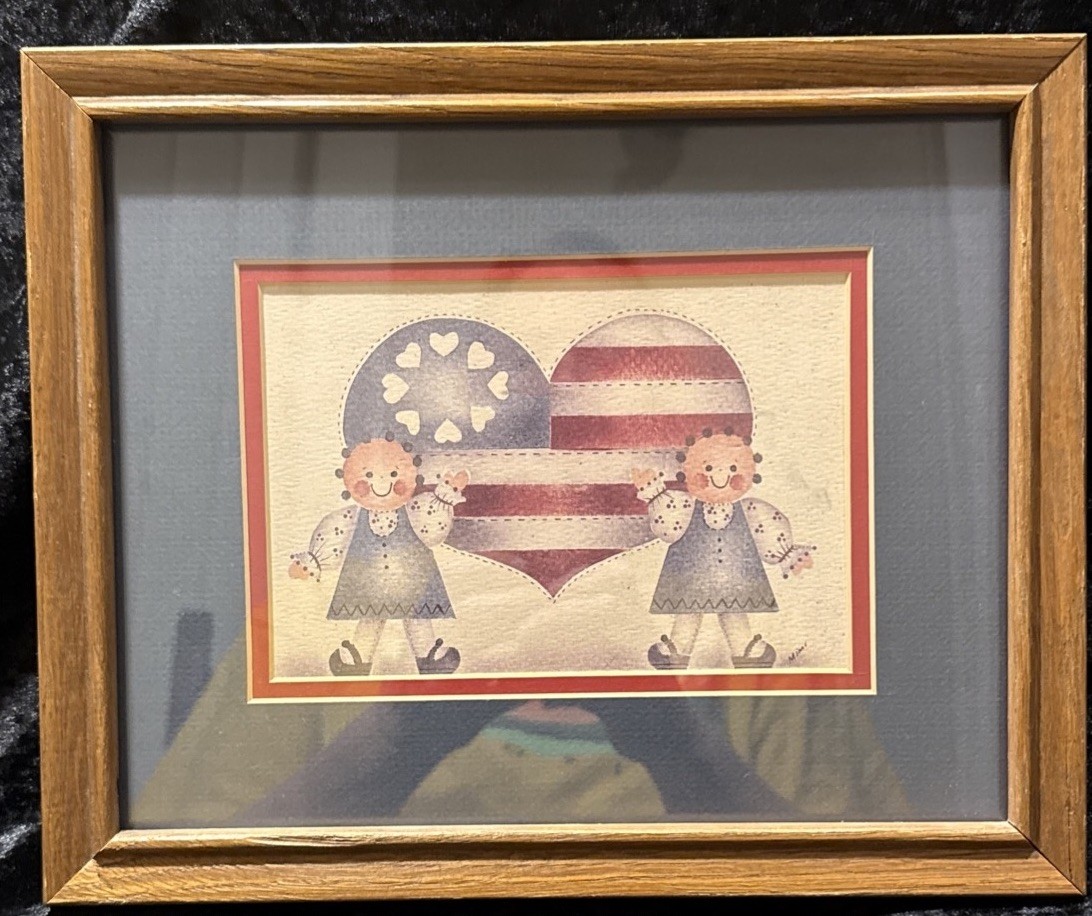 Framed And Matted “Mimi” Americana Print With Children And Patriotic Heart