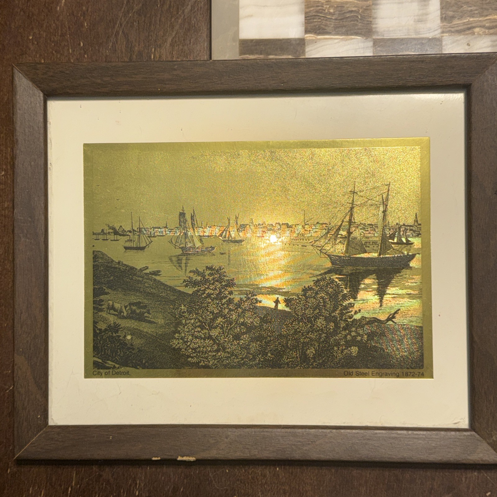 Set of 3 Old Steel Engraving City Prints Etched Gold Foil Prints – Framed 9×11”