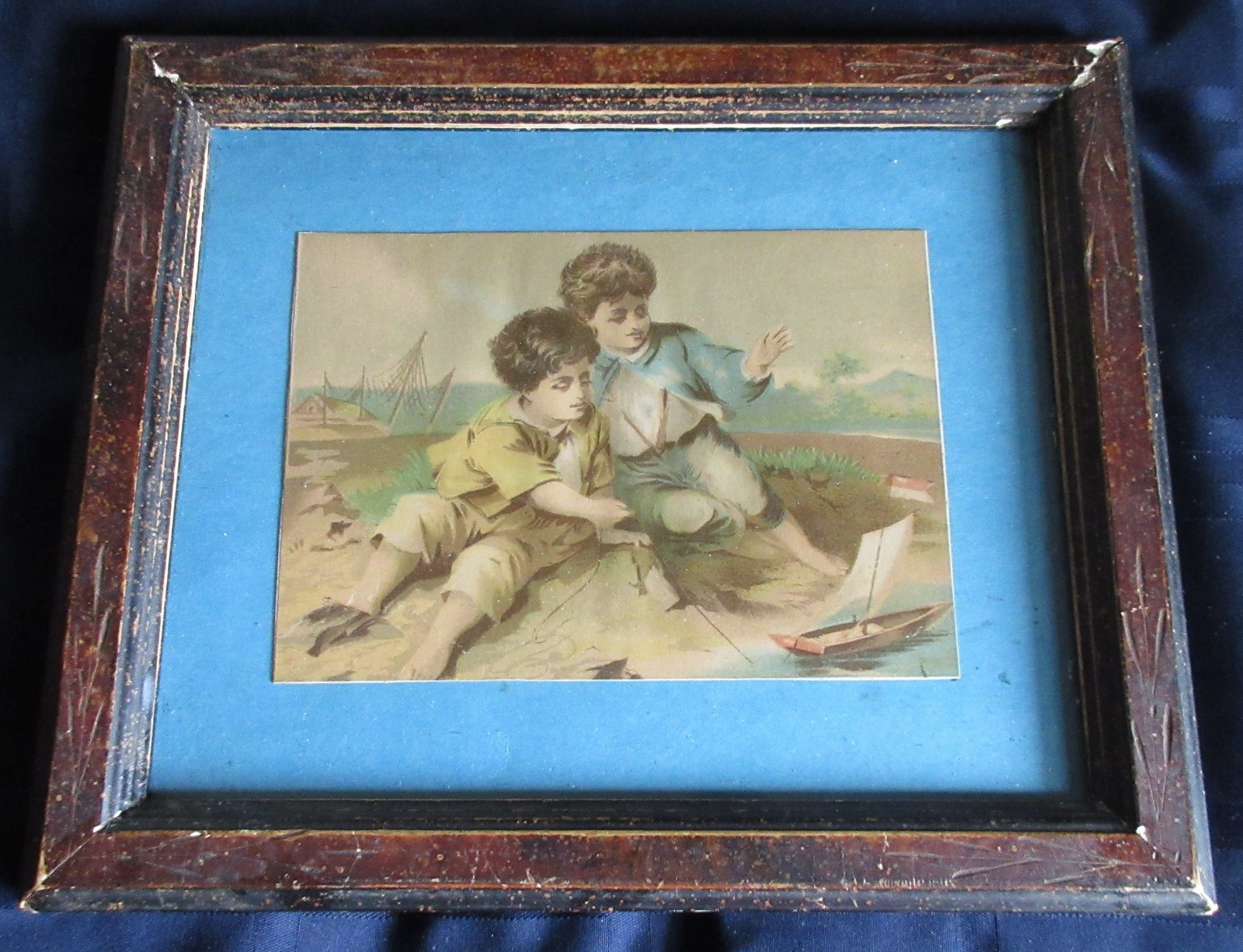 Vtg Boys Sailboat Beach Victorian Art Paper Print Chippy Frame Wood & Nail Back