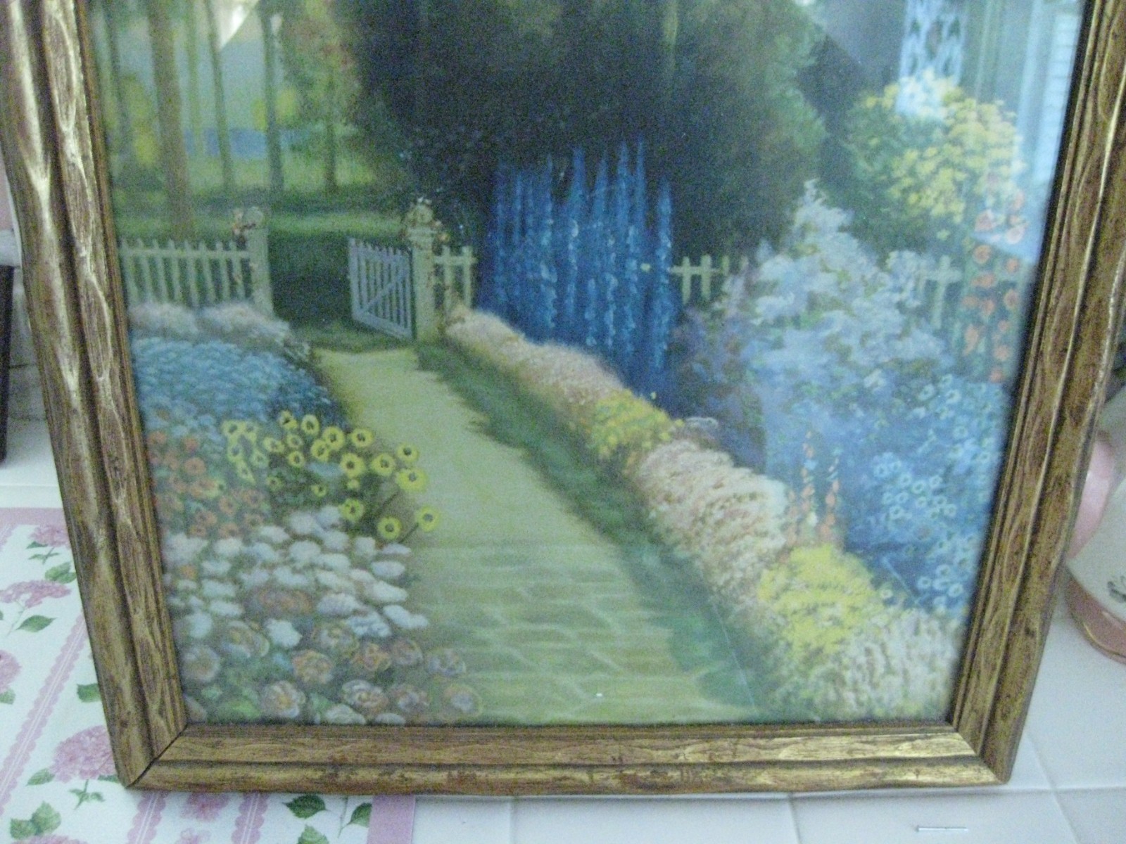 Beautiful Antique Framed Lithograph Print Floral Garden Gate R Atkinson Fox?