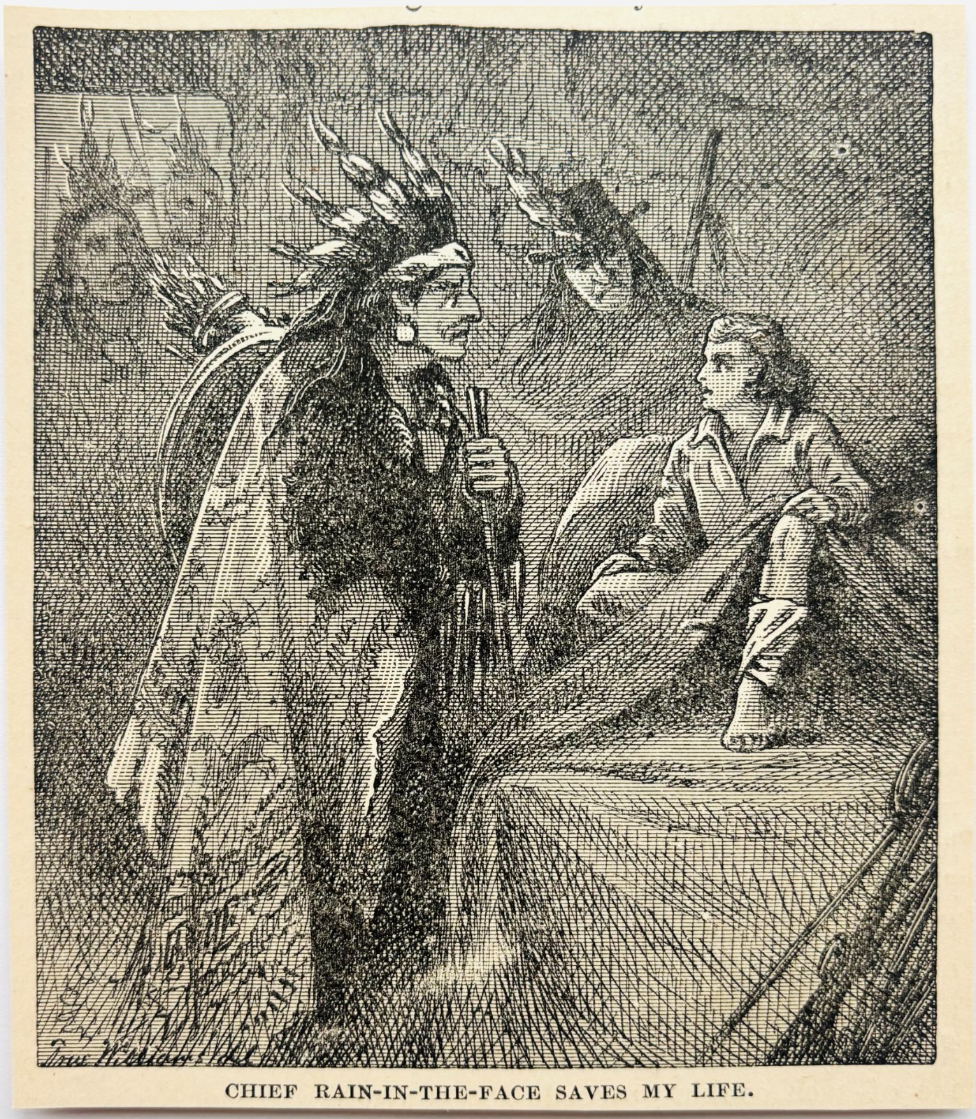 1888 Chief Rain In The Face Saves Buffalo Bill Wood Engraving Victorian A1B