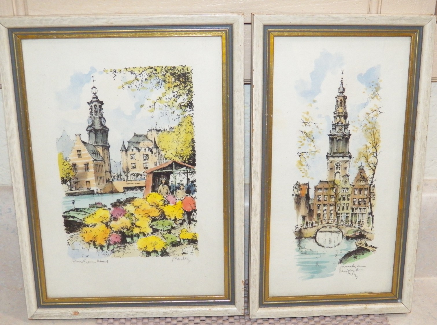 VTG FRAMED AMSTERDAM PRINTS ZUIDERKERK WESTERKERK CHURCH SIGNED LOT OF 2 SMALL