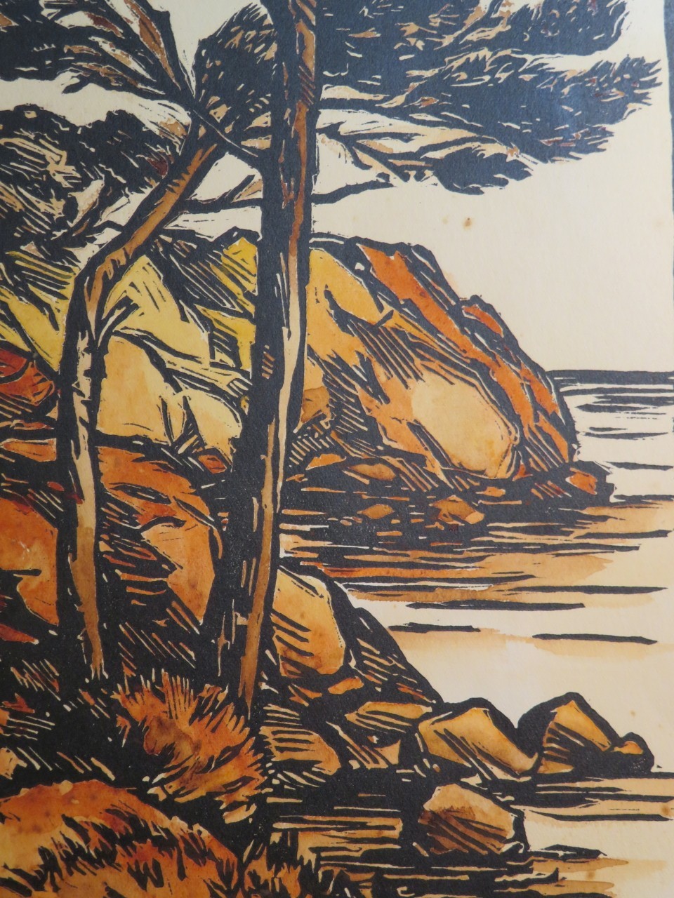 J. MORLOT (XIX-XX) ORIGINAL WOODCUT SEASHORE LANDSCAPE SEA AZURE COAST