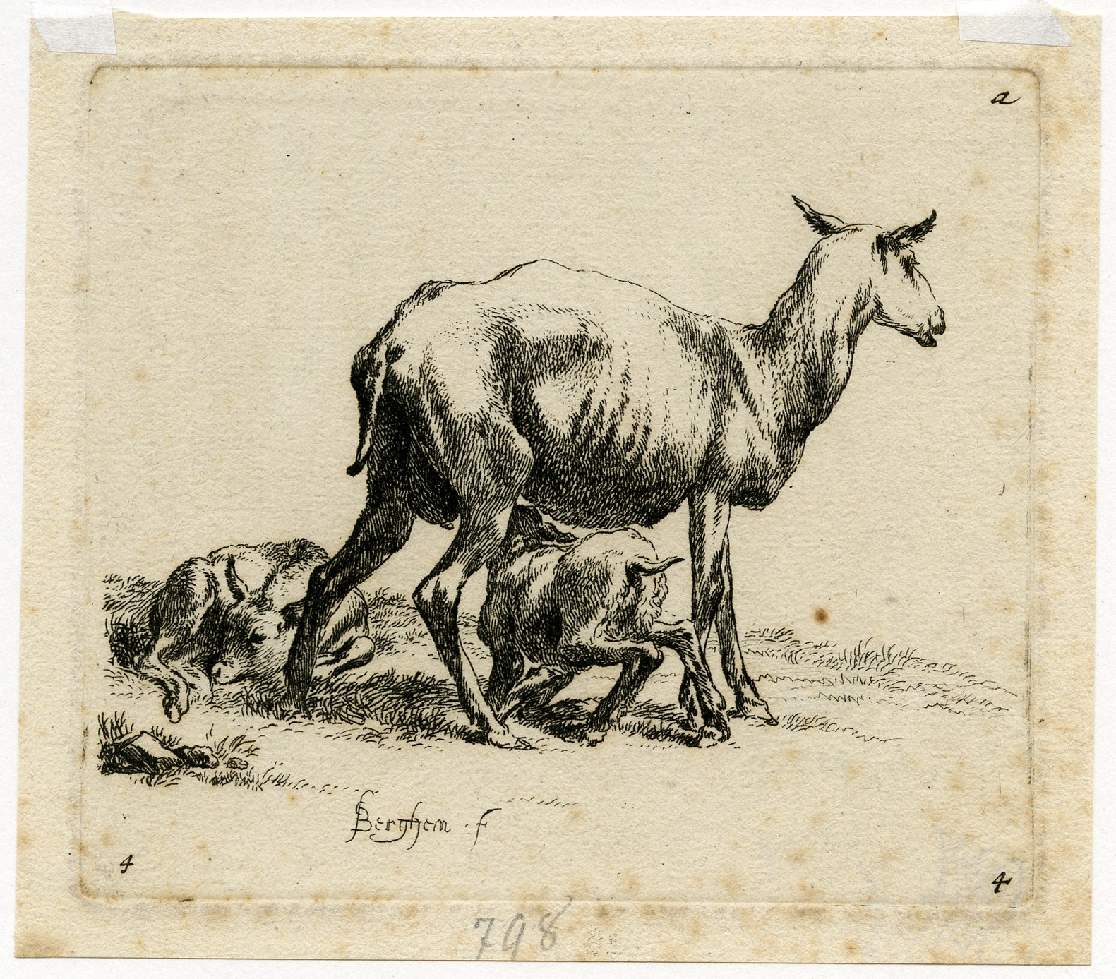 Antique Master Print-THREE SHEEP-LAMB-Berchem-ca. 1660