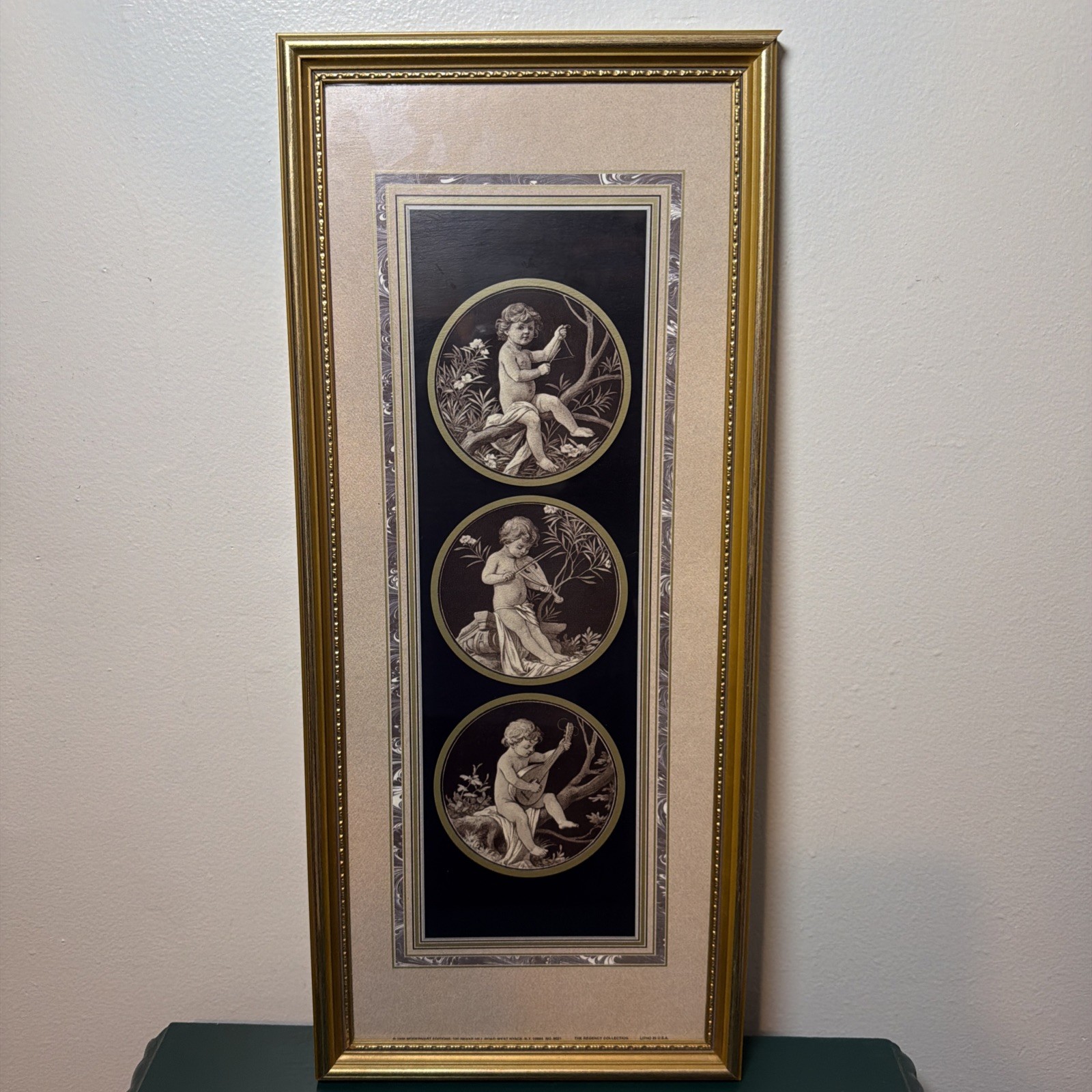 Neoclassical Cherub Baby Cameos in Gold Frame Art Vintage 90s 21.25” x 9.25”