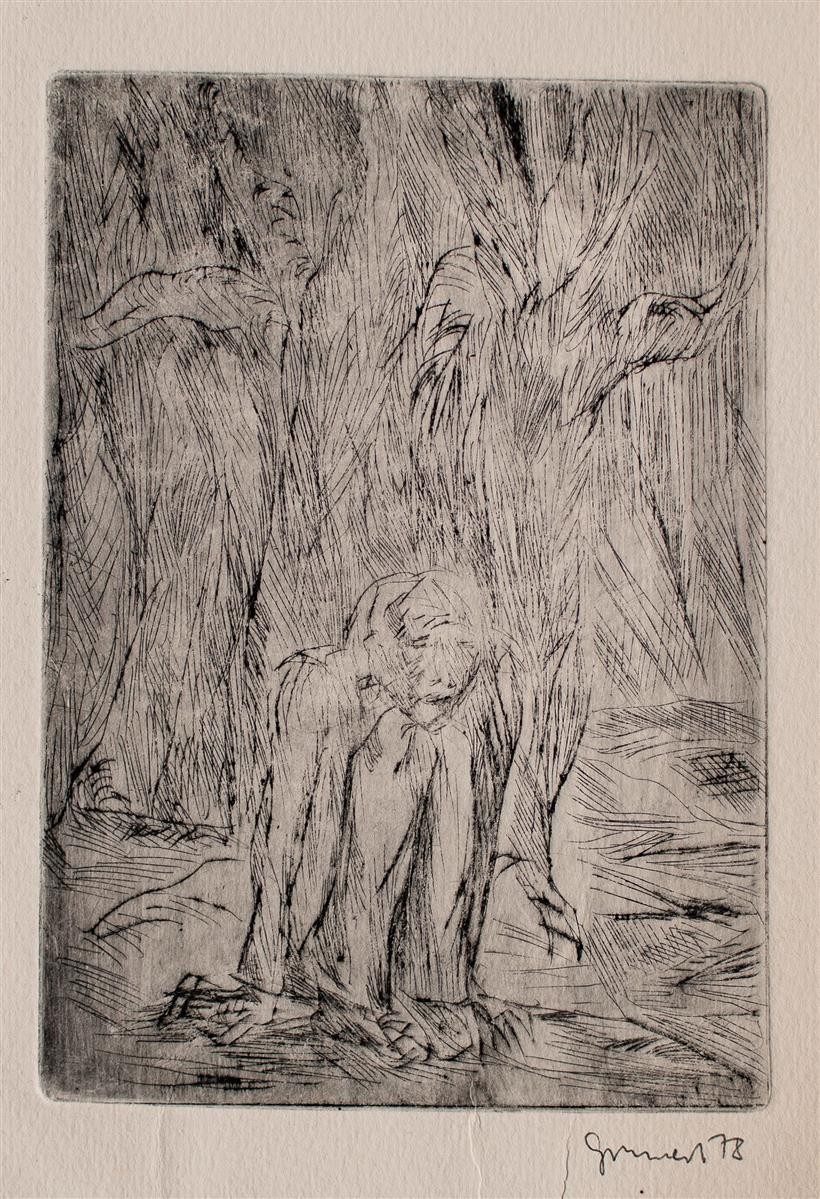 Allegory Portrait of Man Mourners Unknown Signed Etching 1978