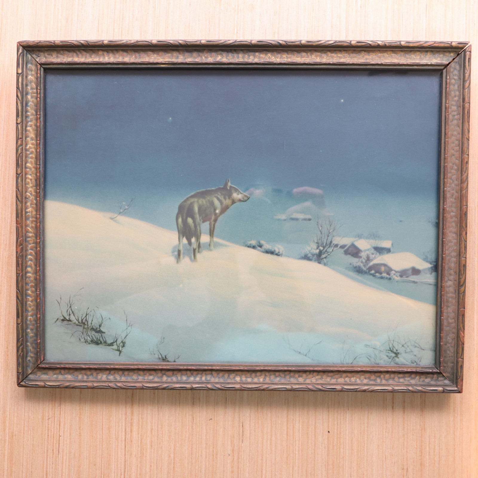1920s Antique Picture Frame Lone Wolf Picture By Kowalski Winter Snow