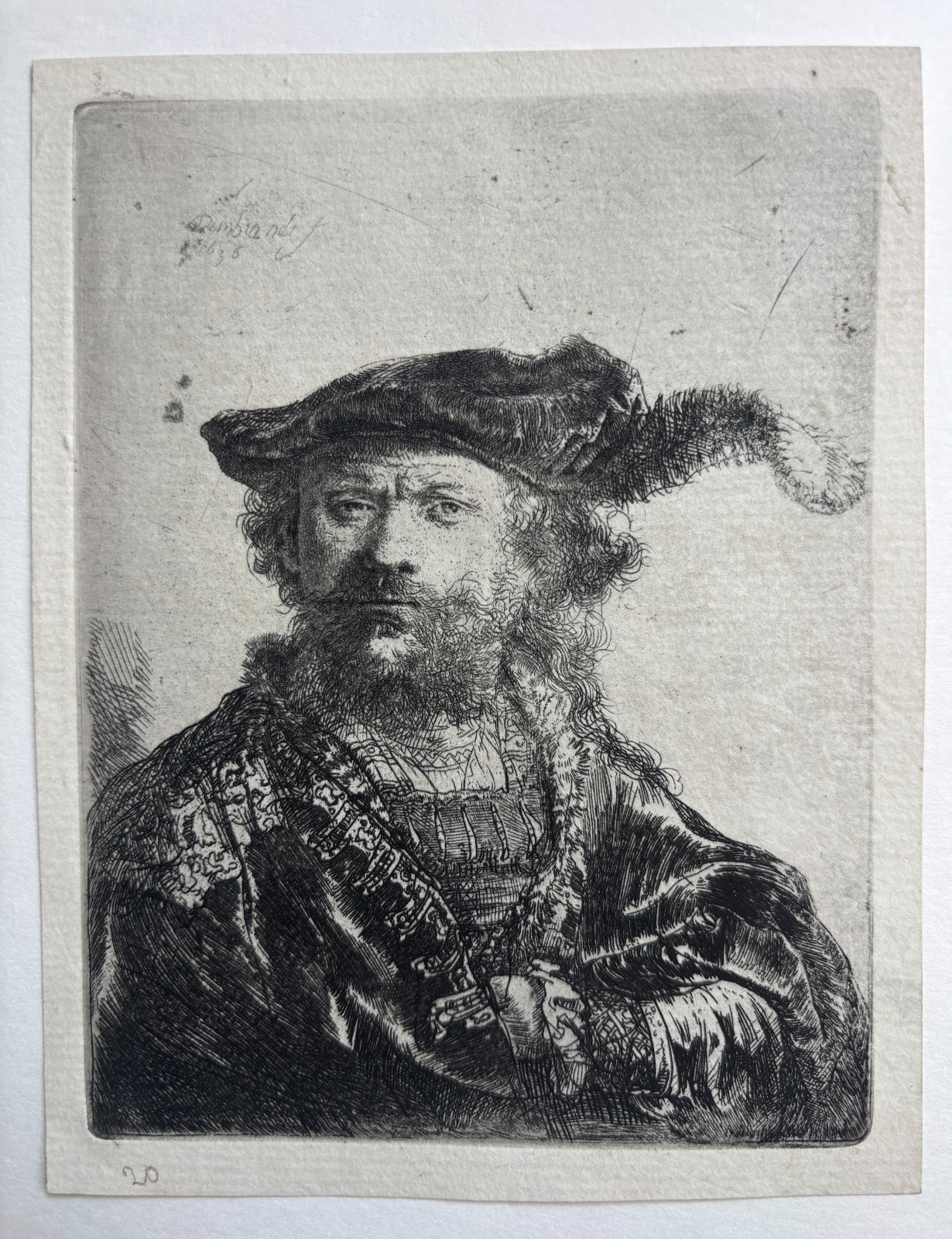 REMBRANDT “Self Portrait in a Velvet Cap with Plume” Original Etching 1638