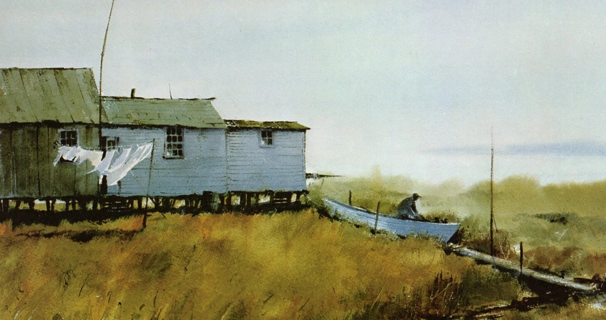 1983 Vintage Print Bennys Landing Boat East Maryland Sea Shore Watercolor Image