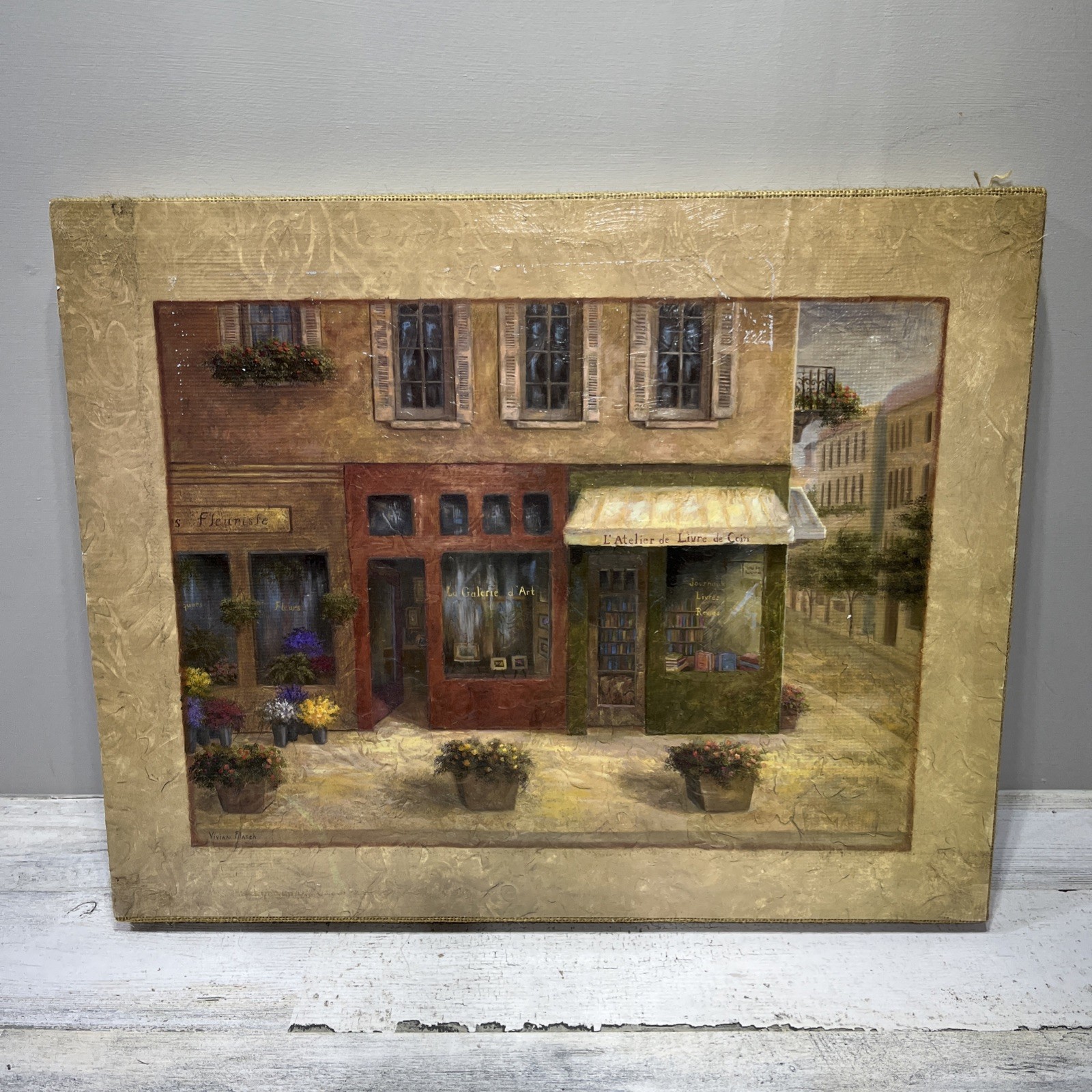 Vintage European Shops Street Scene Art Print 20×16 Burlap Framed Vivian Flash