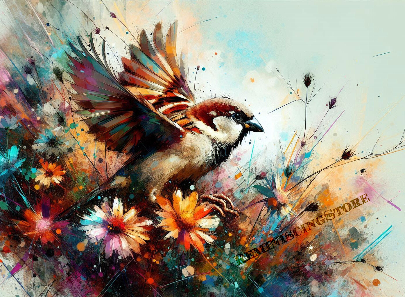 Wild House Sparrow Flying Nature art Colorful splashes of paint #4 Reprint