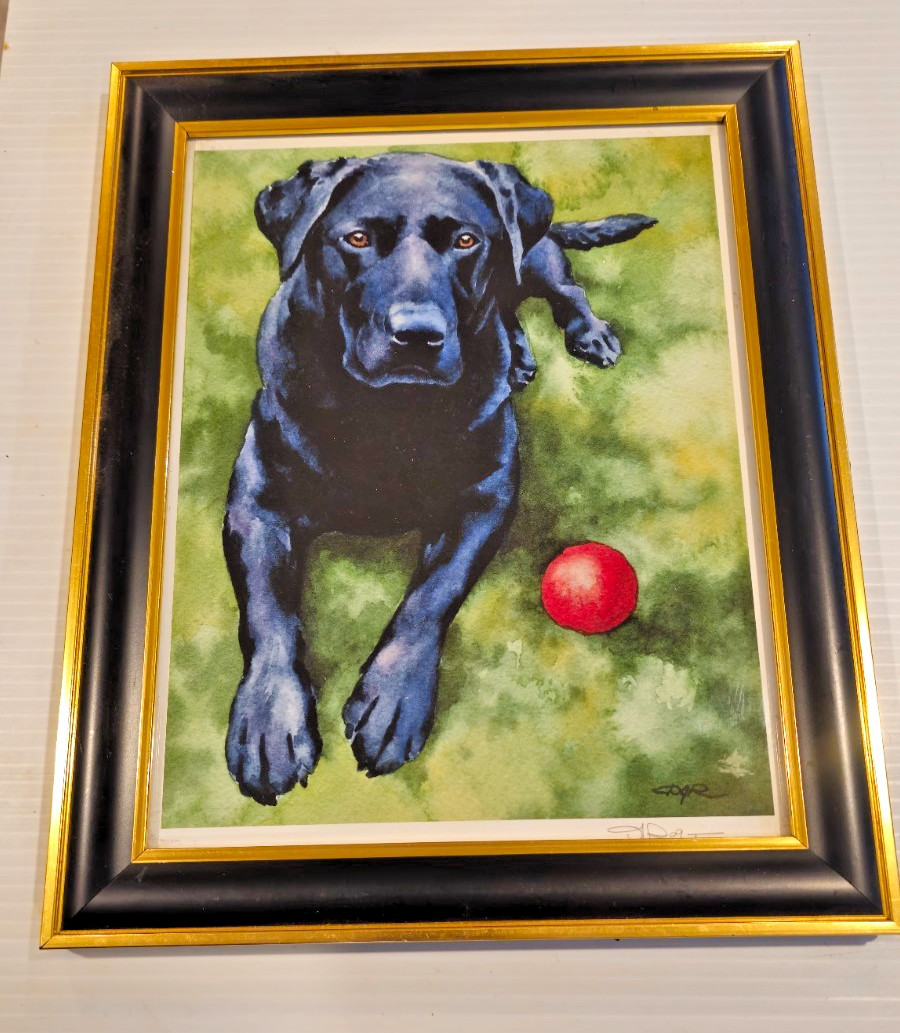 David Rogers Signed Black Lab Dog Watercolor Portrait Framed Art Wall Hanging