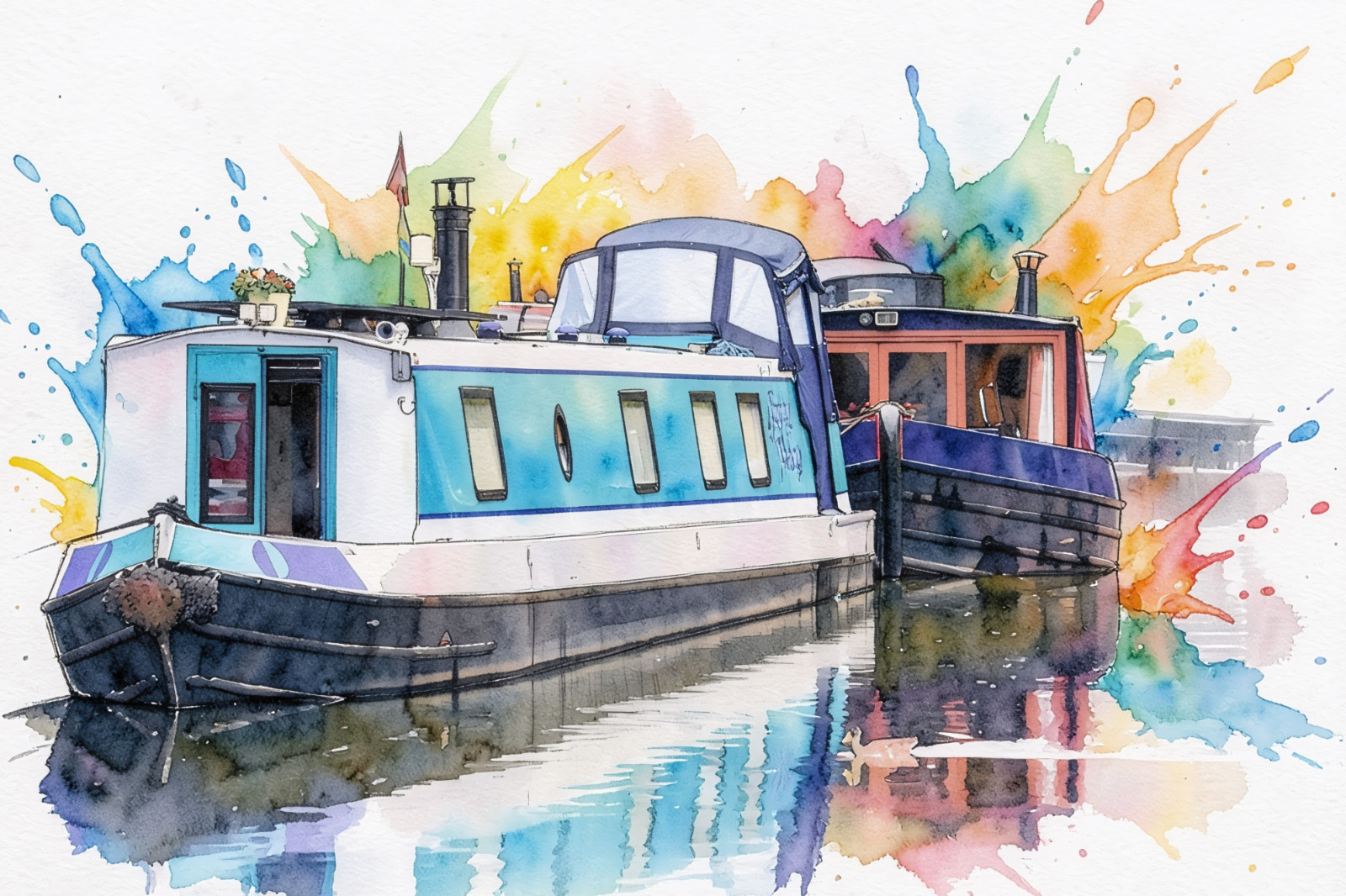 A4 Print or A5 Card Wall Frame Poster Birthday Gift Canal Boats Paint Splashes