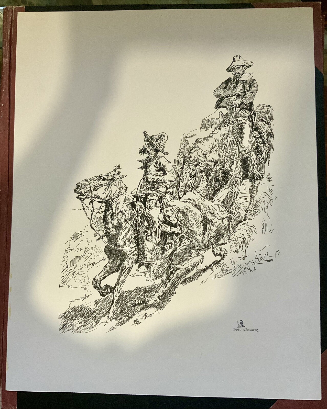 Original Ink On Paper Drawing Cowboys, rare and unusual shape