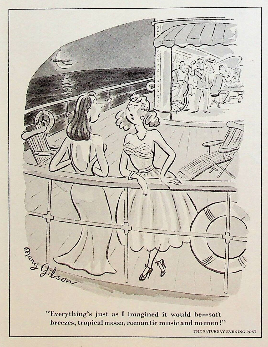 Mary Gibson Cartoonist Comic Panel Print 1953 Night Ship Cruise Band Moon Light
