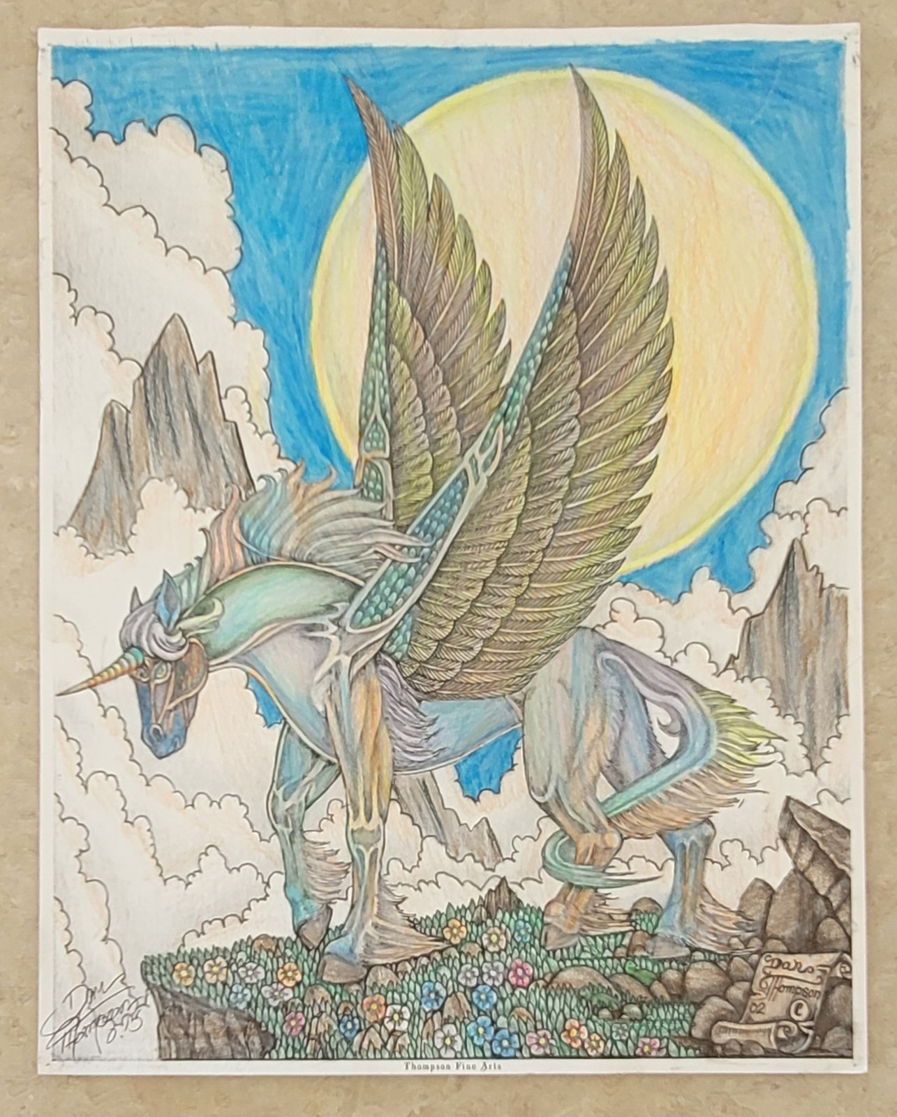 Dan Thompson 2015 Colored & Signed Drawing Pegasus Unicorn Flowers Fantasy 11×14