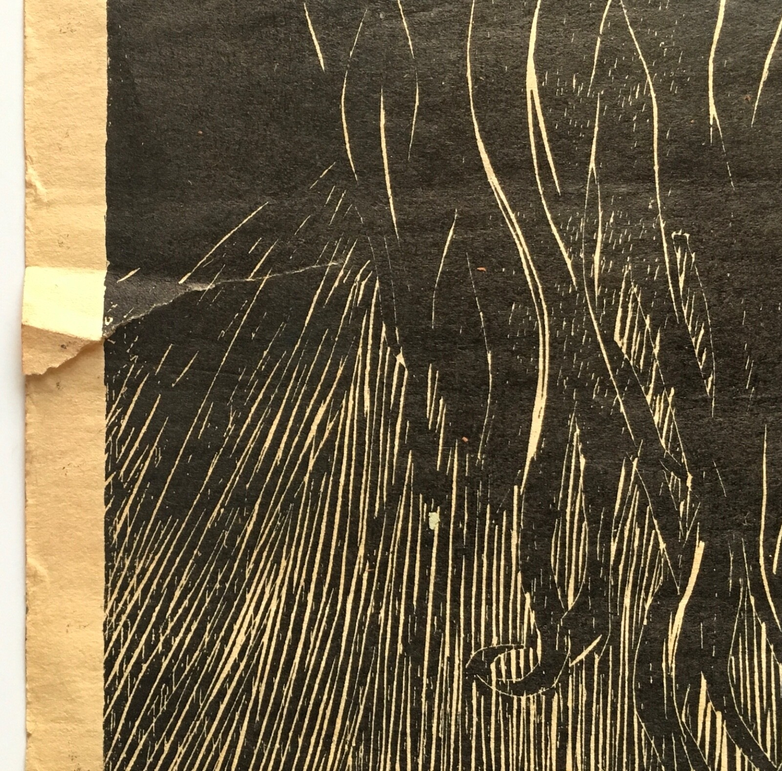 c1960s Modernist Linocut Woodblock Print Long Hair Man Mustache Eyes Portrait