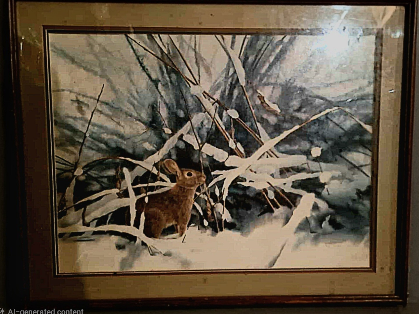 Rabbit in Winter Snow Landscape Print Matted & Framed Nature Animals Wall Art