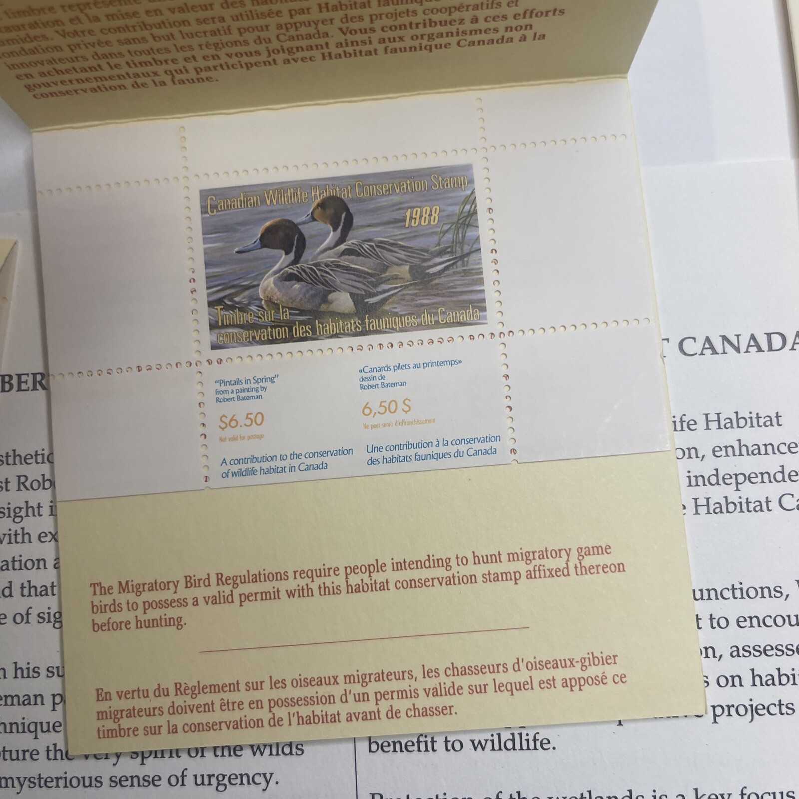 ROBERT BATEMAN 1988 Canada Duck Stamp & Print artist signed stamp 2 stamps
